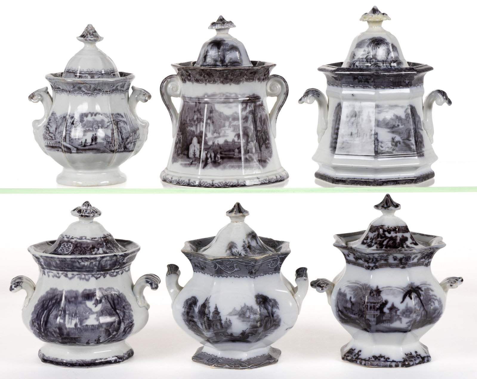 ENGLISH STAFFORDSHIRE FLOW-DECORATED / MULBERRY SCENIC MOTIF COVERED SUGAR BOWLS, LOT OF SIX: ENGLISH STAFFORDSHIRE FLOW-DECORATED / MULBERRY SCENIC MOTIF COVERED SUGAR BOWLS, LOT OF SIX, including a decagon-form example having Panama pattern, three octagonal examples including two h