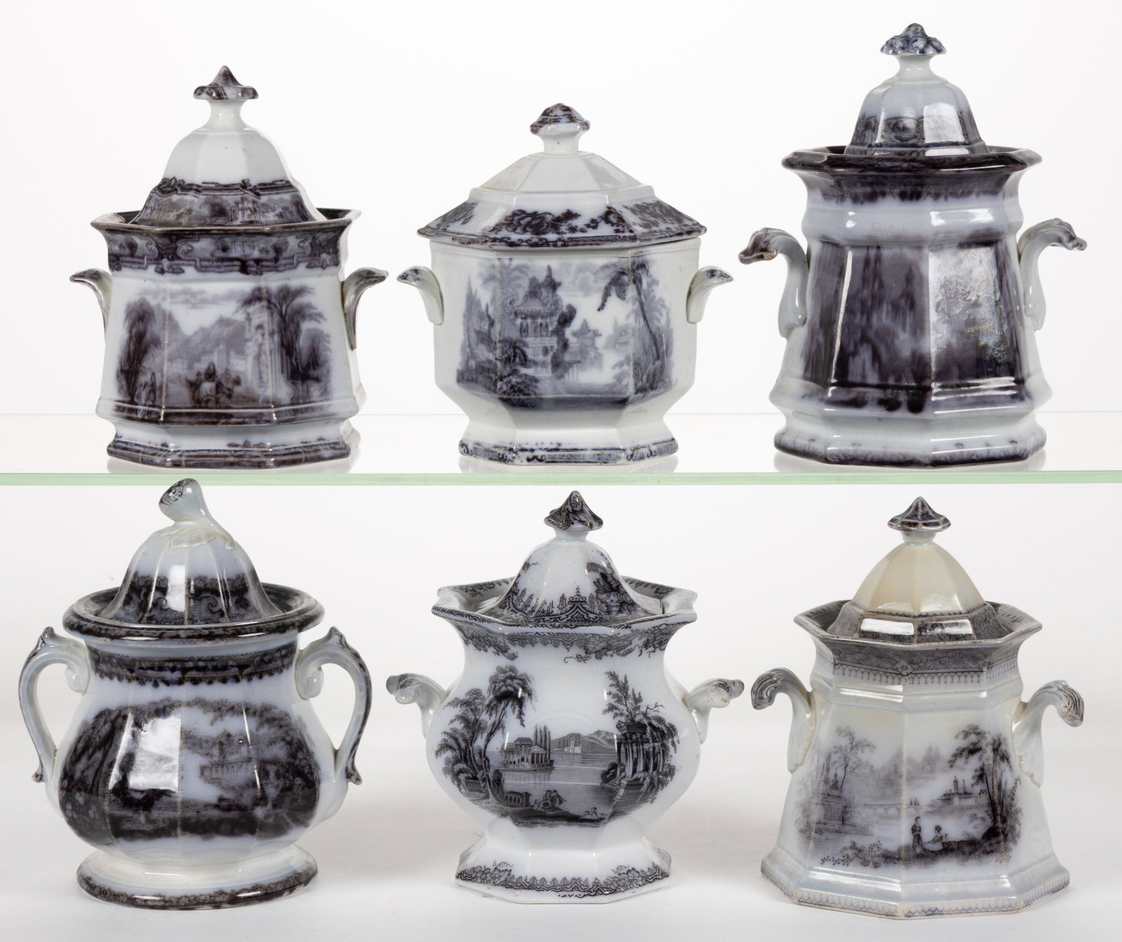 ENGLISH STAFFORDSHIRE FLOW-DECORATED / MULBERRY SCENIC MOTIF IRONSTONE COVERED SUGAR BOWLS, LOT OF: ENGLISH STAFFORDSHIRE FLOW-DECORATED / MULBERRY SCENIC MOTIF IRONSTONE COVERED SUGAR BOWLS, LOT OF SIX, comprising one example featuring Washington Vase pattern, four octagonal examples having pa