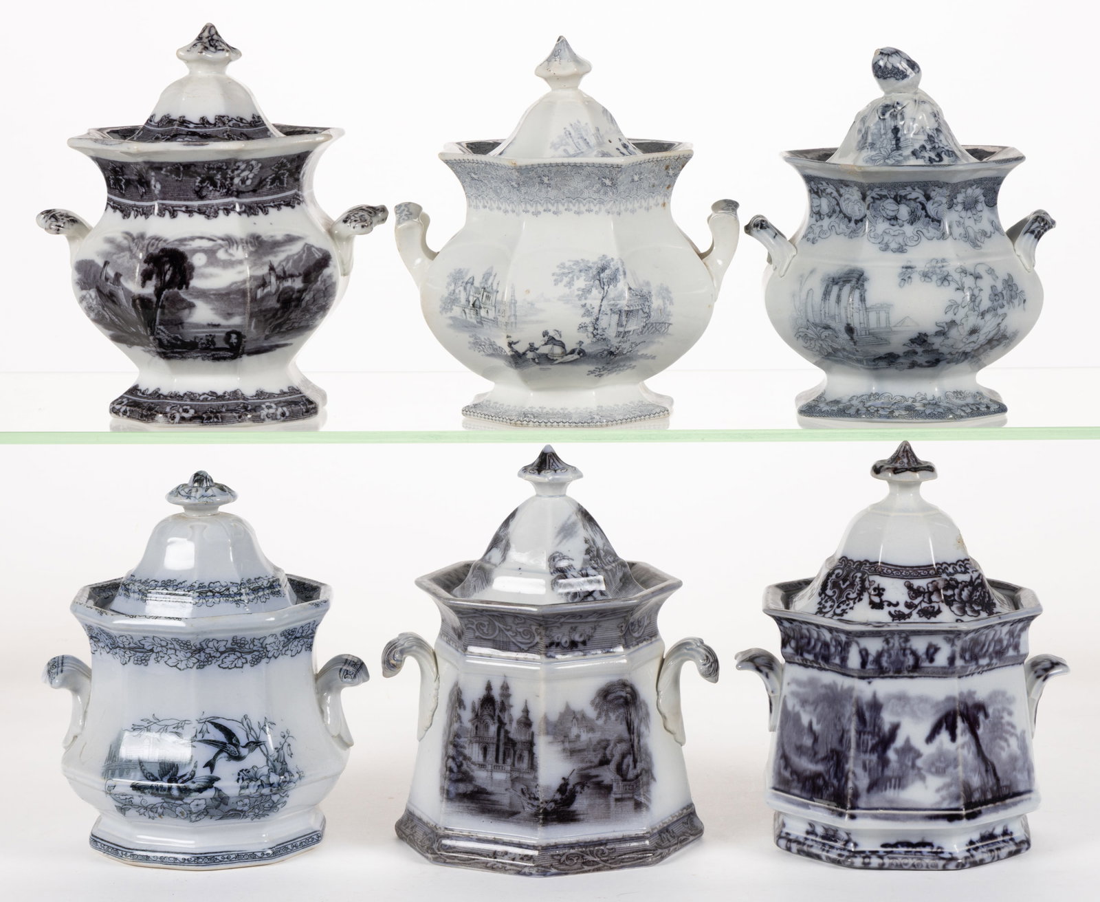 ENGLISH STAFFORDSHIRE FLOW-DECORATED / MULBERRY SCENIC MOTIF IRONSTONE COVERED SUGAR BOWLS, LOT OF: ENGLISH STAFFORDSHIRE FLOW-DECORATED / MULBERRY SCENIC MOTIF IRONSTONE COVERED SUGAR BOWLS, LOT OF SIX, comprising one decagon-form example featuring Aesthetic birds motif and five octagonal exam