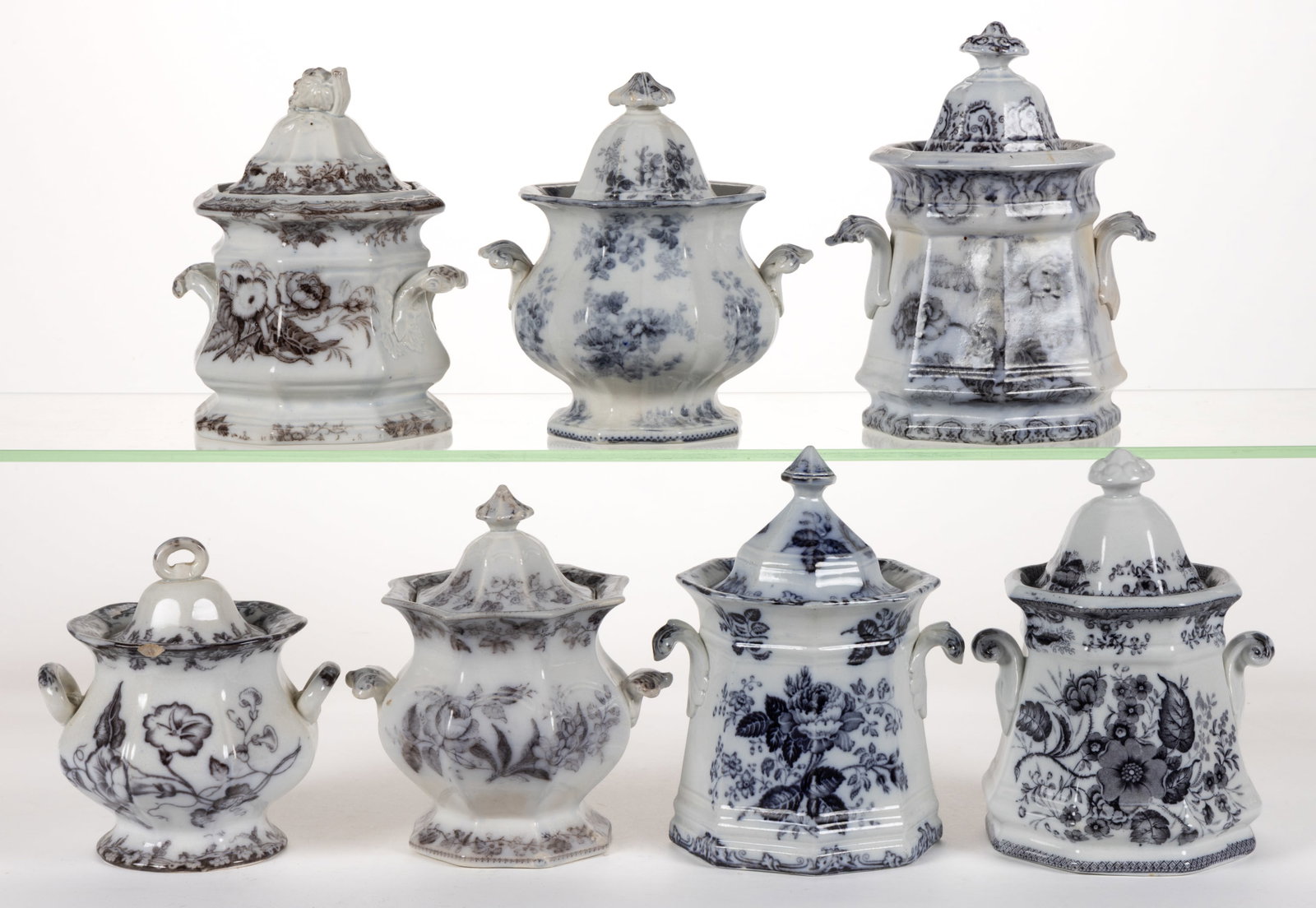 ENGLISH STAFFORDSHIRE FLOW-DECORATED / MULBERRY FLORAL MOTIF IRONSTONE COVERED SUGAR BOWLS, LOT OF: ENGLISH STAFFORDSHIRE FLOW-DECORATED / MULBERRY FLORAL MOTIF IRONSTONE COVERED SUGAR BOWLS, LOT OF SEVEN, including four octagonal panel-form examples including one having "MOSS ROSE&qu