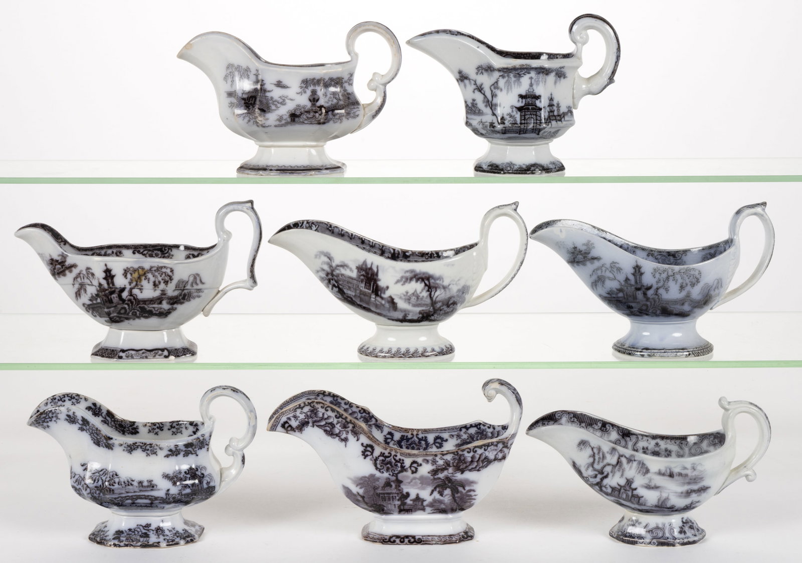ENGLISH STAFFORDSHIRE FLOW-DECORATED / MULBERRY CHINOISERIE MOTIF IRONSTONE SAUCE BOATS, LOT OF (1 of 1)