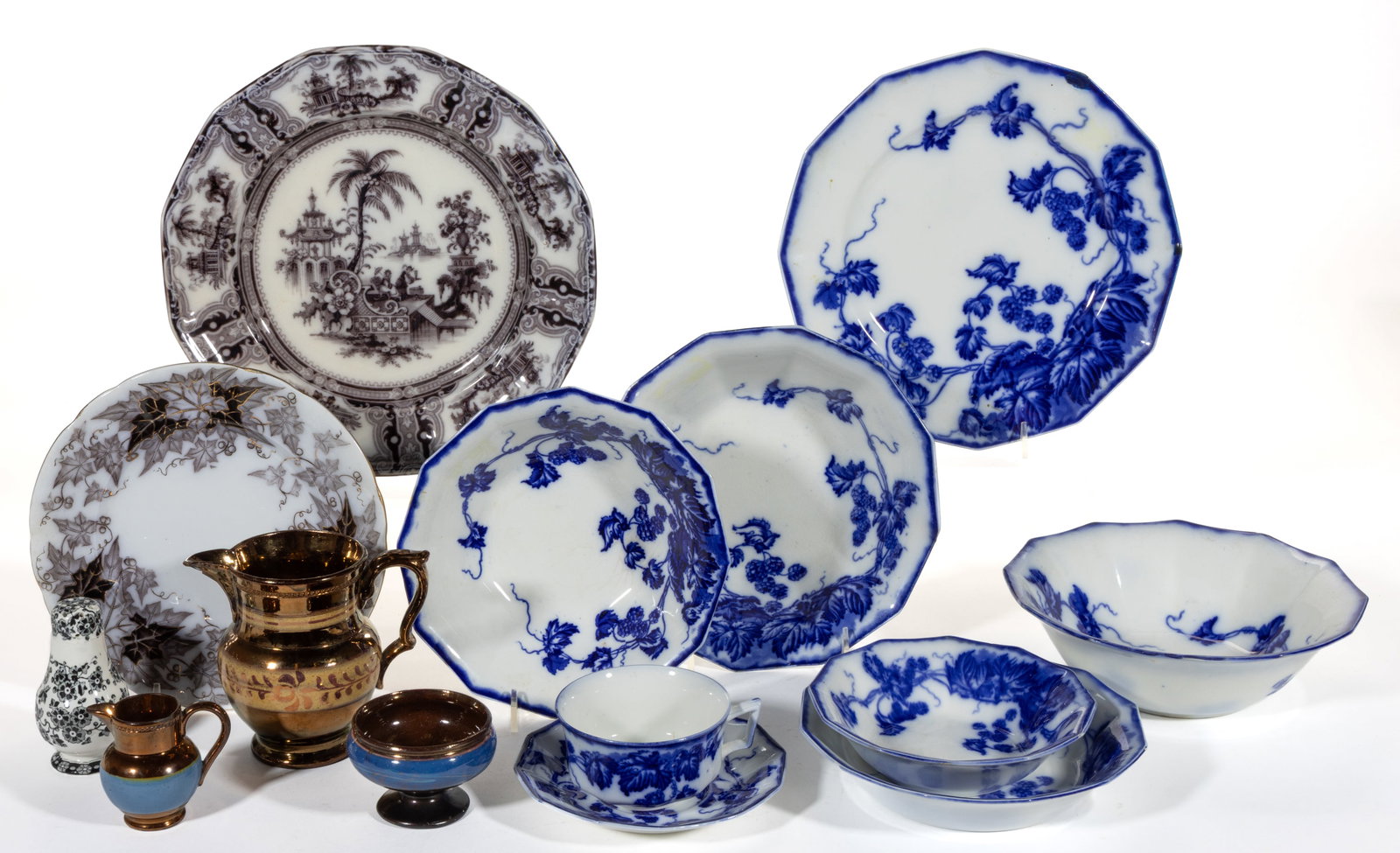 ENGLISH AND FRENCH CERAMIC ARTICLES, LOT OF 13: ENGLISH AND FRENCH CERAMIC ARTICLES, LOT OF 13, comprising three copper lustre examples consisting of two jugs including one miniature and one open salt, one baluster-form pepper pot featuring&nb