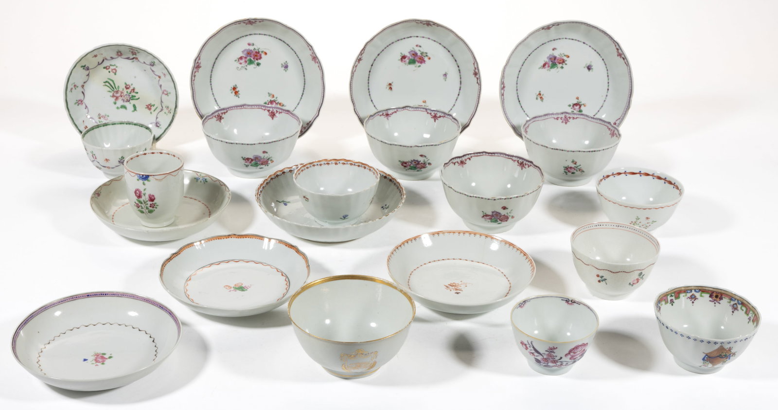 CHINESE EXPORT PORCELAIN HAND-PAINTED FLORAL MOTIF CUPS AND SAUCERS, LOT OF 21 (1 of 1)
