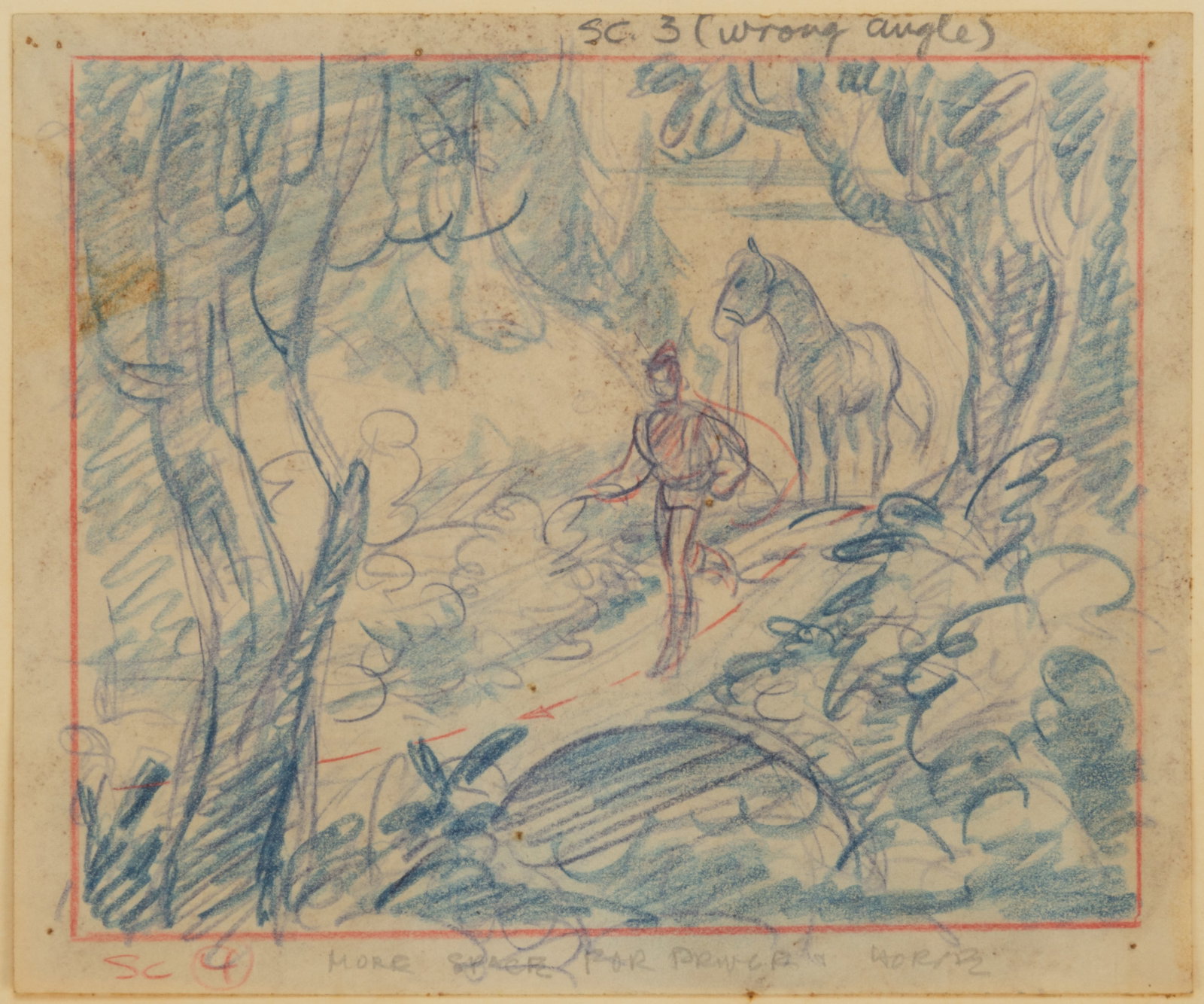 WALT DISNEY THE PRINCE AND HORSE ORIGINAL PENCIL STORYBOARD DRAWING FROM "SNOW WHITE AND THE SEVEN (1 of 4)