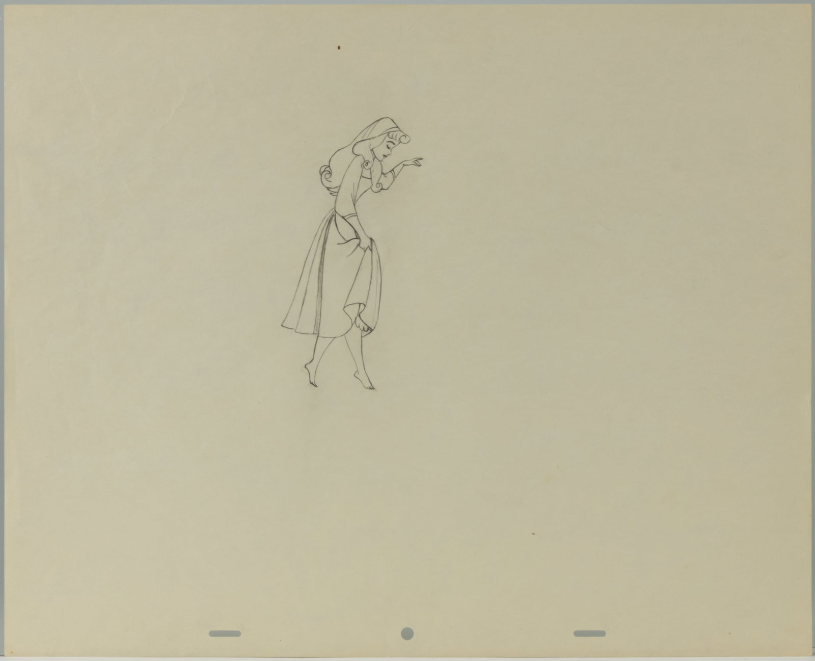 WALT DISNEY AURORA / BRIAR ROSE ORIGINAL PENCIL ANIMATION DRAWING FROM "THE SLEEPING BEAUTY" (1959): WALT DISNEY AURORA / BRIAR ROSE ORIGINAL PENCIL ANIMATION DRAWING FROM "THE SLEEPING BEAUTY" (1959), original pencil animation drawing of tiptoeing Aurora/Briar Rose from the film "The 
