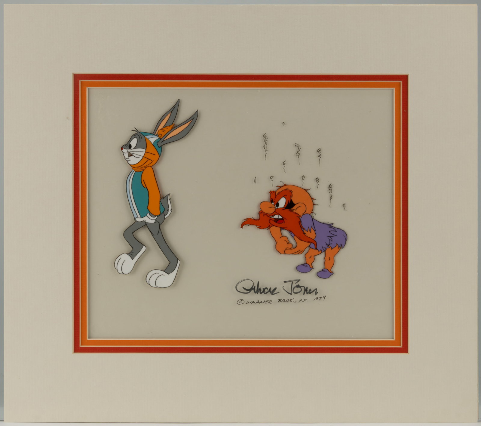 WARNER BROS BUGS BUNNY AND YOSEMITE SAM ORIGINAL PRODUCTION ANIMATION CEL FROM "KING ARTHUR'S COURT": WARNER BROS BUGS BUNNY AND YOSEMITE SAM ORIGINAL PRODUCTION ANIMATION CEL FROM "KING ARTHUR'S COURT" (1978), original production animation cel painting of Bugs Bunny and Yosemite Sam fro