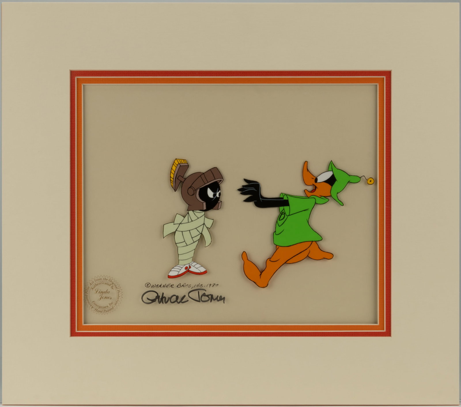 WARNER BROS DAFFY AND MARVIN MARTIAN ORIGINAL PRODUCTION ANIMATION CEL FROM "DUCK DODGERS AND THE: WARNER BROS DAFFY AND MARVIN MARTIAN ORIGINAL PRODUCTION ANIMATION CEL FROM "DUCK DODGERS AND THE RETURN OF THE 24 1/2 CENTURY" (1980), original production animation cel painting of Daffy Du