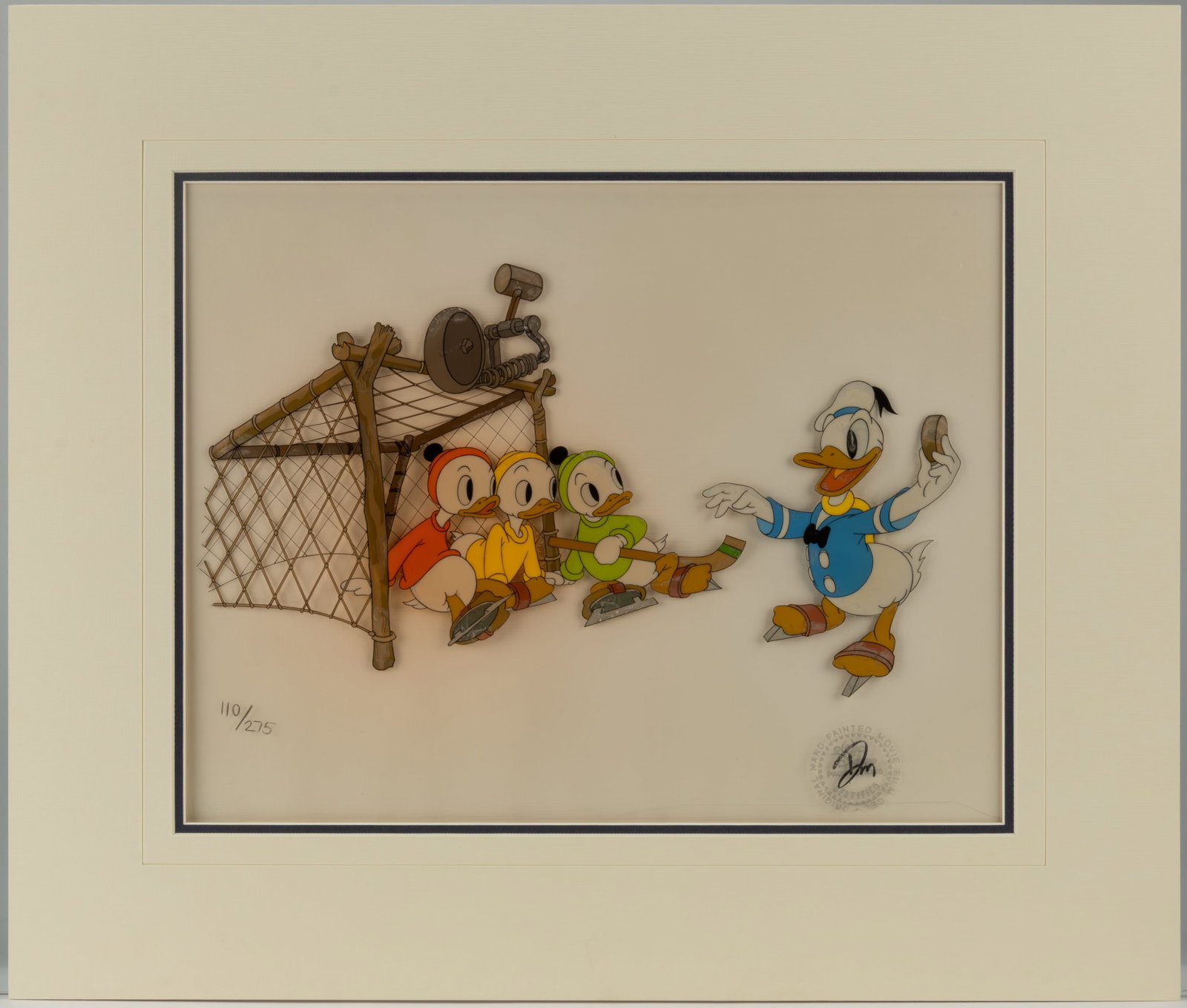 WALT DISNEY DAFFY DUCK AND NEPHEWS ORIGINAL ANIMATION CEL FROM "HOCKY CHAMP" COMMEMORATIVE RELEASE: WALT DISNEY DAFFY DUCK AND NEPHEWS ORIGINAL ANIMATION CEL FROM "HOCKY CHAMP" COMMEMORATIVE RELEASE (1984), original hand-inked animation cel painting of Daffy Duck and nephews from the 