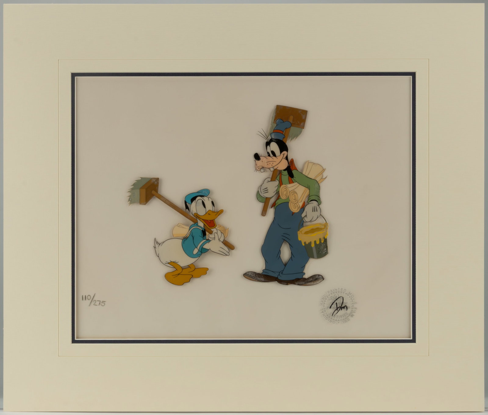 WALT DISNEY DONALD DUCK AND GOOFY ORIGINAL ANIMATION CEL FROM "BILL POSTERS" COMMEMORATIVE RELEASE: WALT DISNEY DONALD DUCK AND GOOFY ORIGINAL ANIMATION CEL FROM "BILL POSTERS" COMMEMORATIVE RELEASE (1984), original hand-inked animation cel painting of Donald Duck and Goofy (Scene 3) 