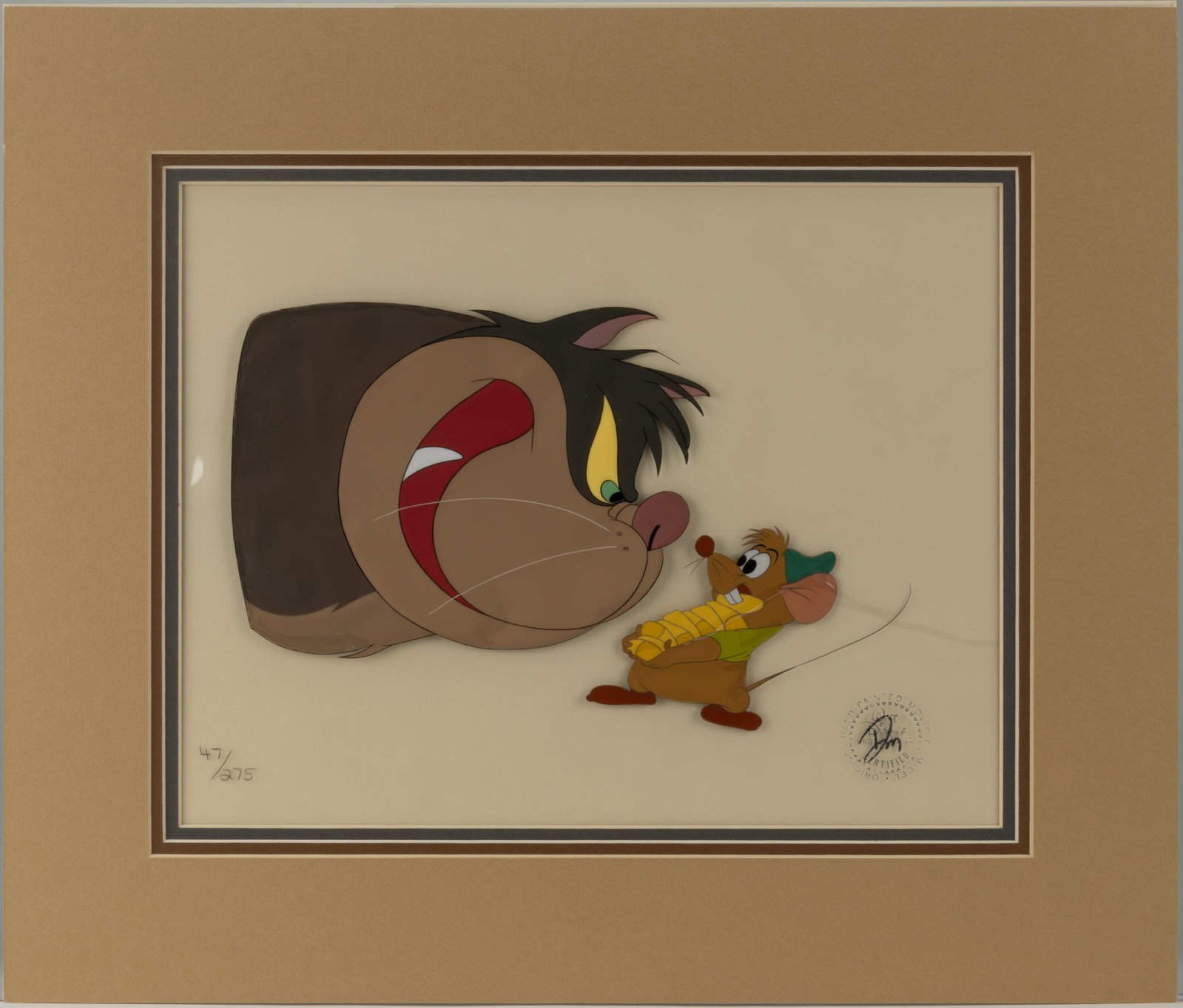 WALT DISNEY GUS AND LUCIFER ANIMATION CEL FROM "CINDERELLA" COMMEMORATIVE RELEASE (1980): WALT DISNEY GUS AND LUCIFER ANIMATION CEL FROM "CINDERELLA" COMMEMORATIVE RELEASE (1980), original hand-inked animation cel painting (#47 of 275 limited edition frame sets on acetate plastic