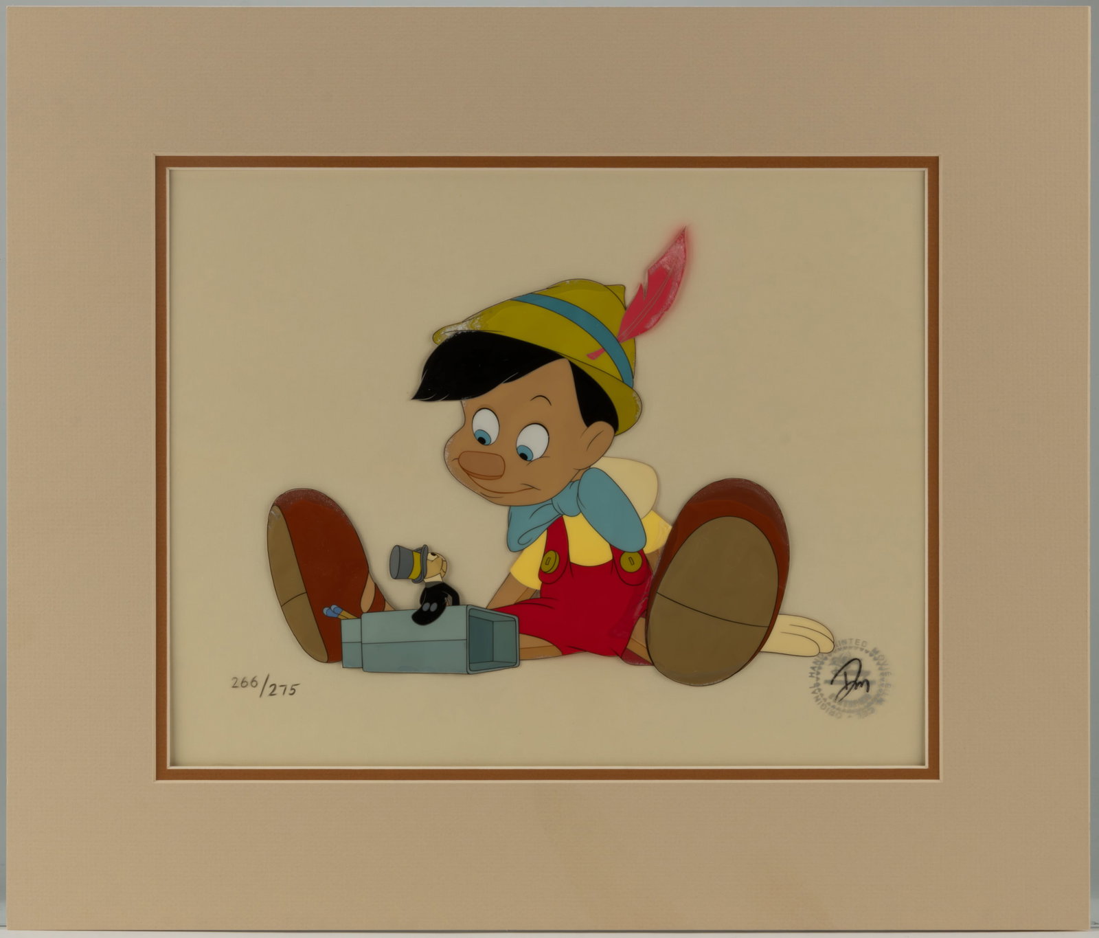 WALT DISNEY PINOCCHIO AND JIMINY CRICKET ORIGINAL ANIMATION CEL FROM "PINOCCHIO" COMMEMORATIVE (1 of 2)