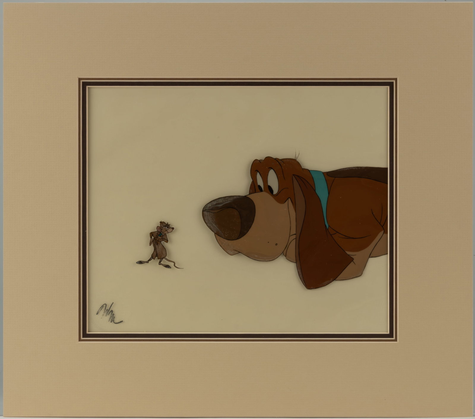 WALT DISNEY TOBY AND BASIL ORIGINAL PRODUCTION ANIMATION CEL FROM "THE GREAT MOUSE DETECTIVE" (1986): WALT DISNEY TOBY AND BASIL ORIGINAL PRODUCTION ANIMATION CEL FROM "THE GREAT MOUSE DETECTIVE" (1986), original production animation cel painting of Toby and Basil from the film "Th
