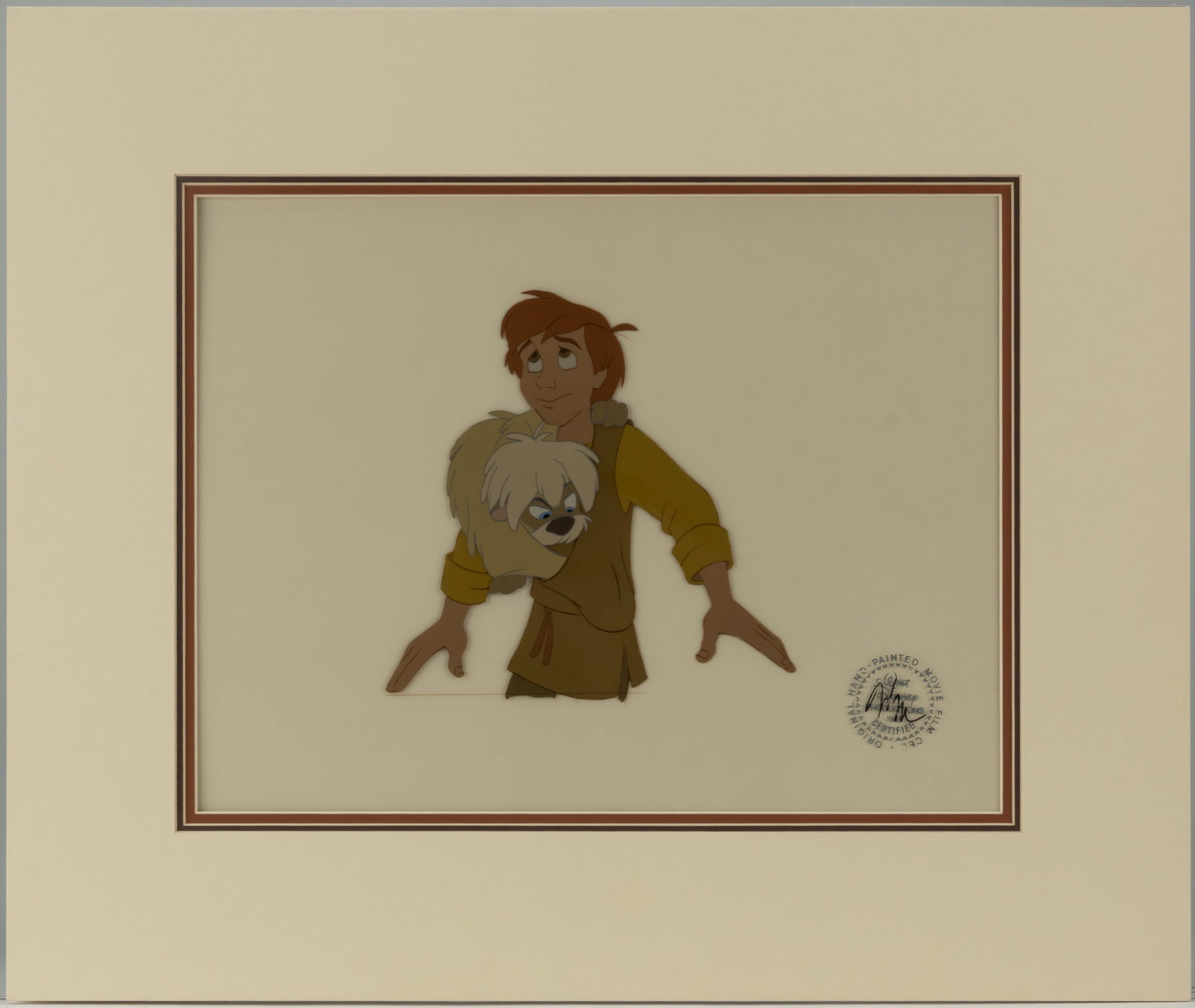 WALT DISNEY TARAN AND GURGL ORIGINAL PRODUCTION ANIMATION CEL FROM "THE BLACK CAULDRON" (1985): WALT DISNEY TARAN AND GURGL ORIGINAL PRODUCTION ANIMATION CEL FROM "THE BLACK CAULDRON" (1985), original production animation cel painting of Taran and Gurgl from the film "The Black Ca