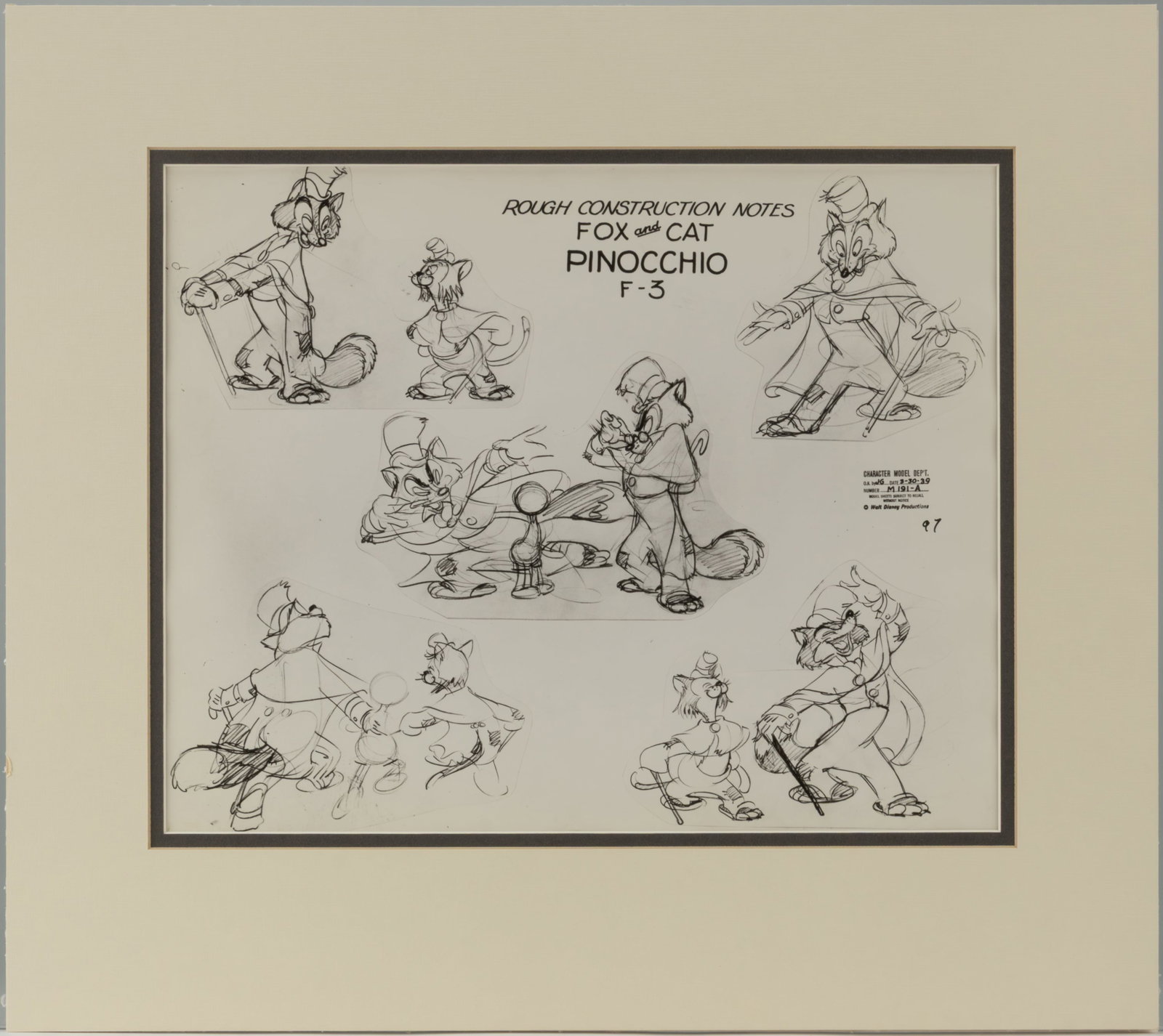 WALT DISNEY GIDEON AND FOULFELLOW ORIGINAL MODEL SHEET FROM "PINOCCHIO" (1940) (1 of 2)