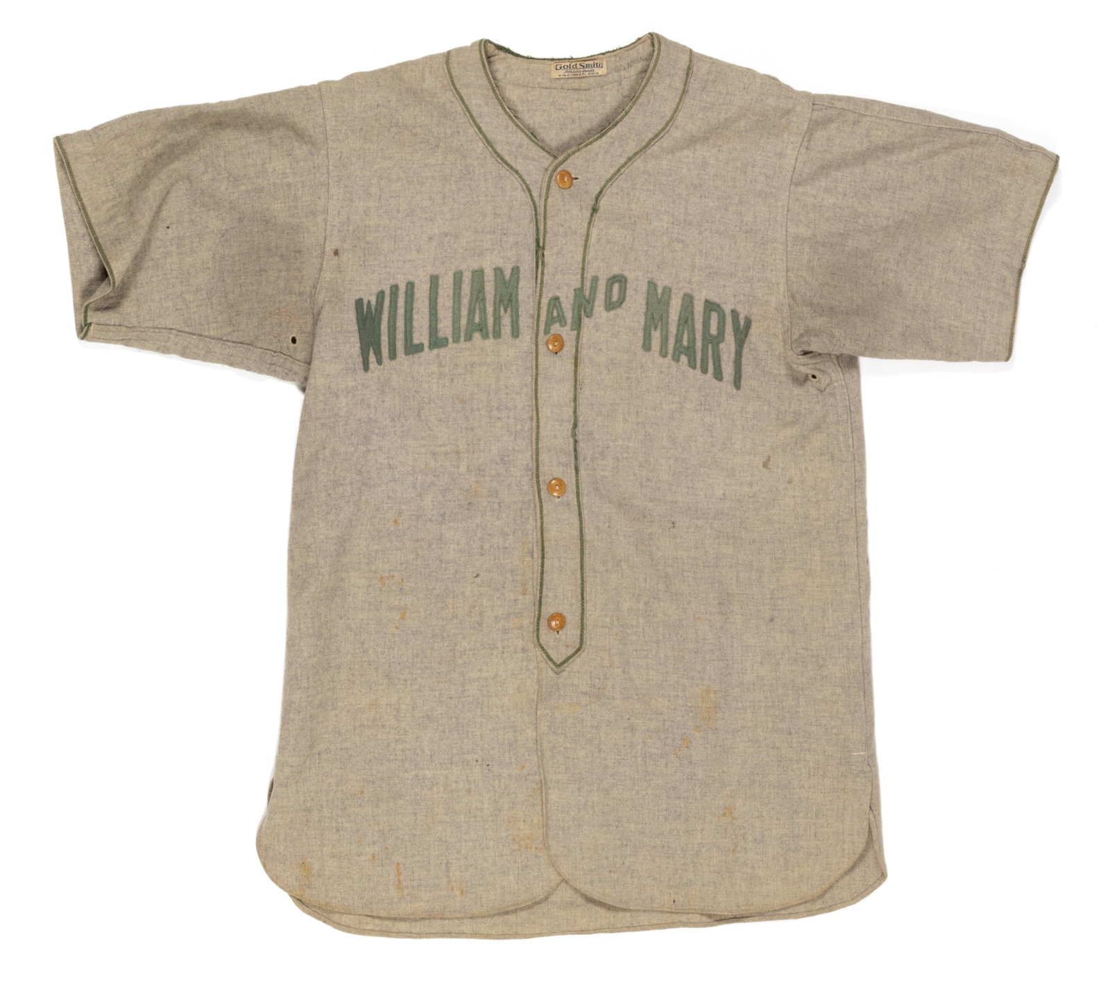 VINTAGE COLLEGE OF WILLIAM AND MARY WOOL FLANNEL BASEBALL JERSEY: VINTAGE COLLEGE OF WILLIAM AND MARY WOOL FLANNEL BASEBALL JERSEY, button-down placket with rounded drop-tail hem, green piping, and original Bakelite/composition buttons, appliqued felt "WILLIAM 