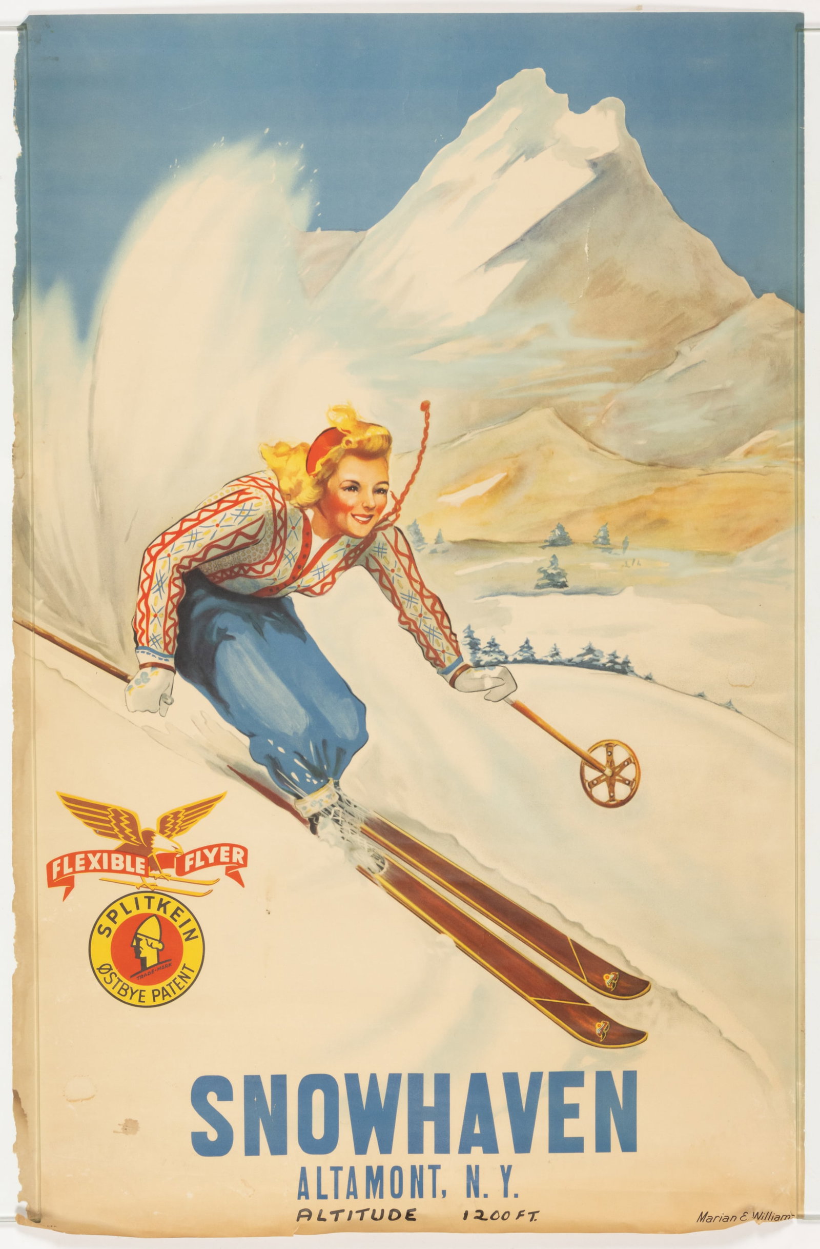 MARIAN E. WILLIAMS (AMERICAN, 20TH C.) FLEXIBLE FLYER SKIING TRAVEL POSTER (1 of 4)