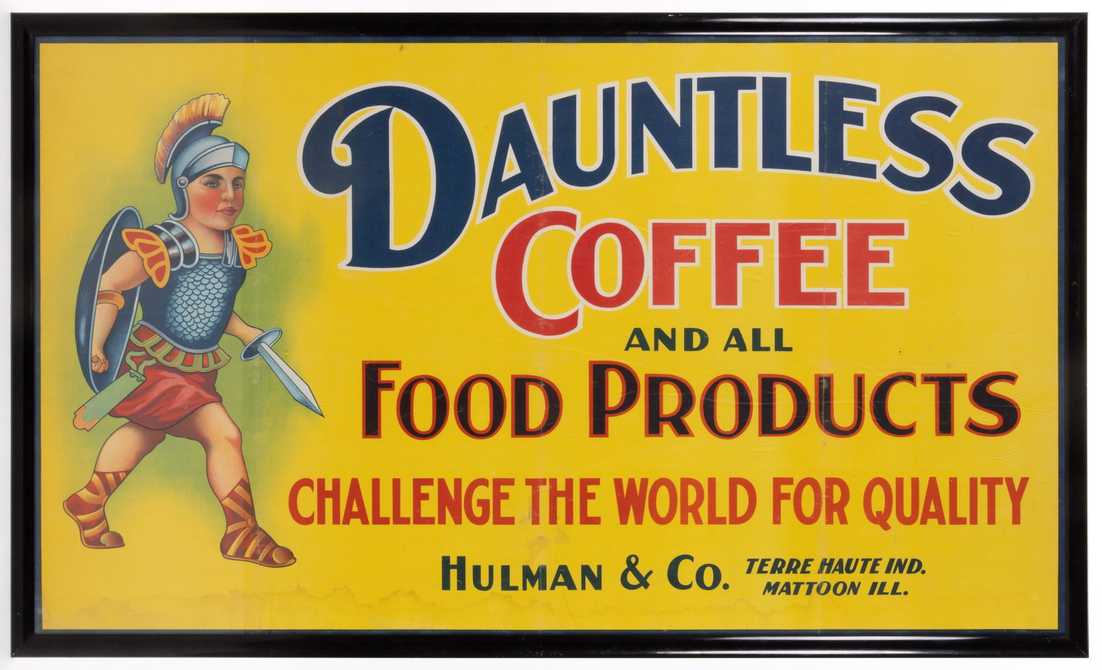 DAUNTLESS COFFEE PRINTED CANVAS ADVERTISING BANNER: DAUNTLESS COFFEE PRINTED CANVAS ADVERTISING BANNER, large format retaining vivid color. Housed under plexiglass in a modern frame. Circa 1930. 33 1/2" x 57 1/2" sight, 36 1/4" x 60 1/4&