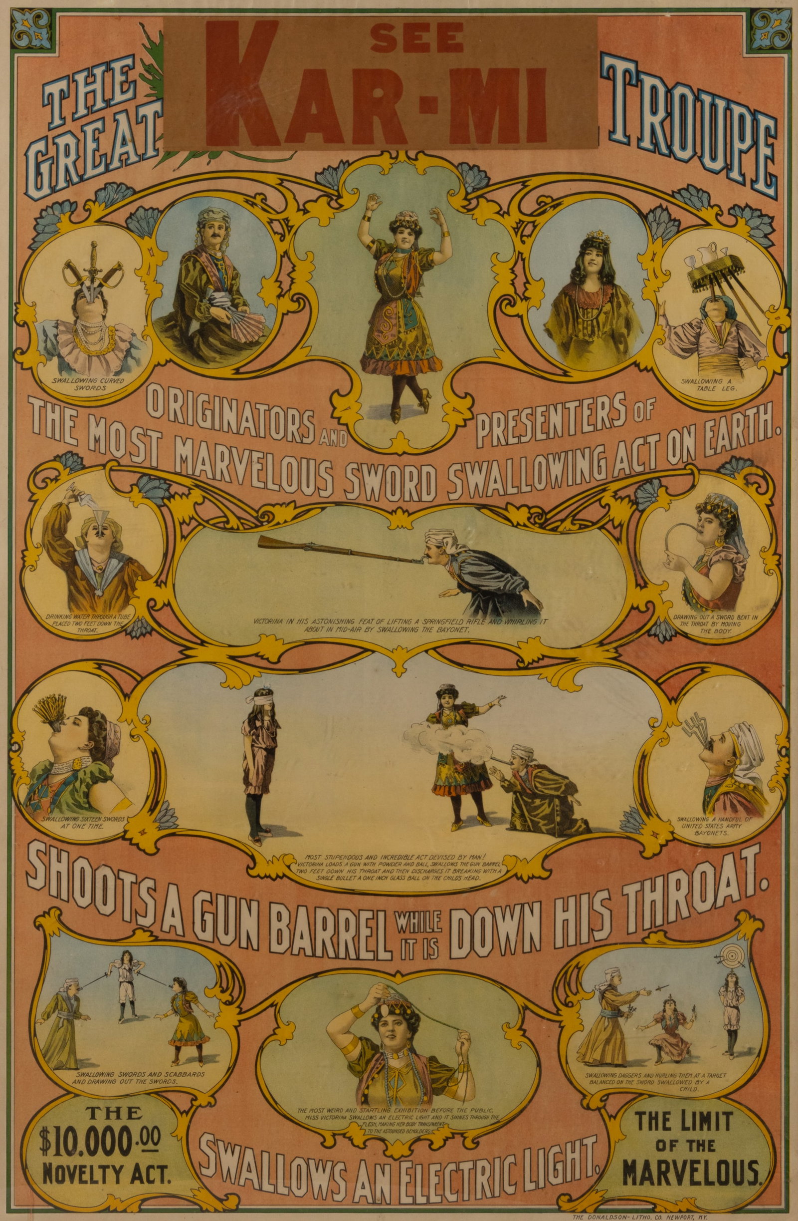 ANTIQUE AMERICAN CIRCUS SIDESHOW POSTER: ANTIQUE AMERICAN CIRCUS SIDESHOW POSTER, chromolithograph on paper, featuring numerous vignettes of the "MOST STUPENDOUS AND INCREDIBLE" feats featuring the sword-swallowing couple of Kar-Mi