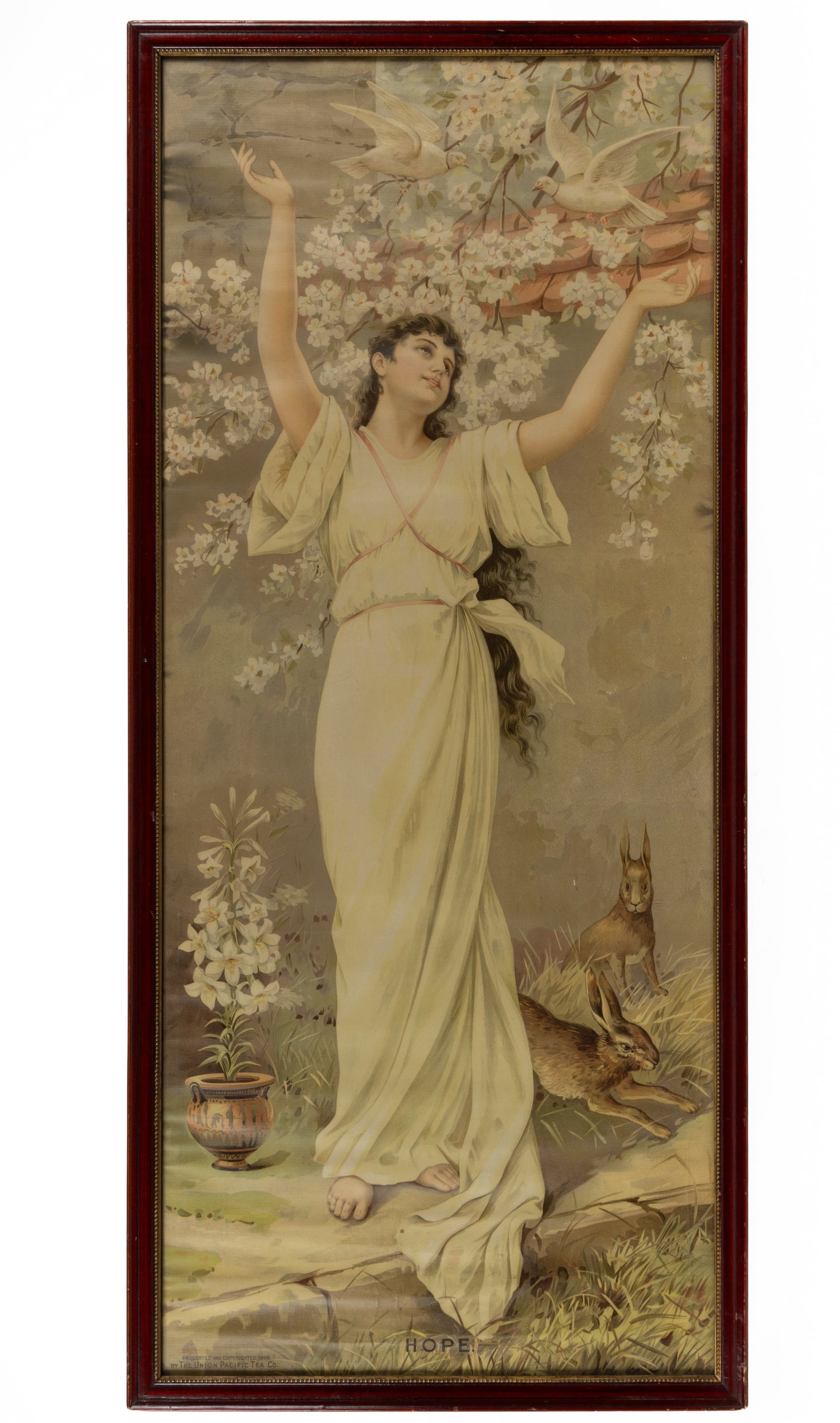 UNION PACIFIC TEA CO. YARDLONG ADVERTISING PRINT: UNION PACIFIC TEA CO. YARDLONG ADVERTISING PRINT, chromolithograph on textured paper, titled "HOPE" and depicting a young robed Victorian lady, surrounded by apple blossom branches, two whit