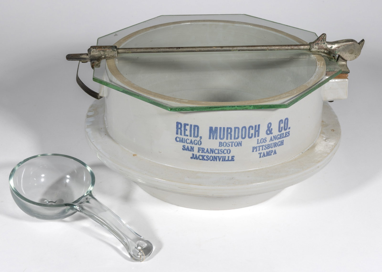 AMERICAN REID, MURDOCH & CO. STONEWARE PICKLE ADVERTISING CROCK WITH GLASS LADLE (1 of 2)
