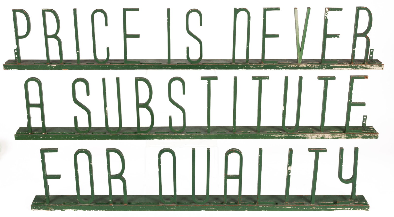 AMERICAN FOLK ART WOODEN ADVERTISING / TRADE SIGN: AMERICAN FOLK ART WOODEN ADVERTISING / TRADE SIGN, three separate pieces, wooden letters mounted at base to a wooden board with a groove at the front and mounting brackets on each end, likel