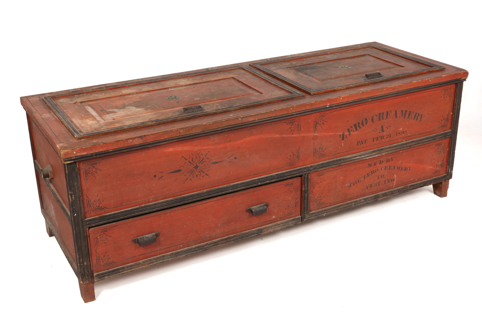 ZERO CREAMERY (PERU, INDIANA) PAINTED WOODEN CREAMERY ADVERTISING CHEST: ZERO CREAMERY (PERU, INDIANA) PAINTED WOODEN CREAMERY ADVERTISING CHEST, low rectangular form with two hinged lids concealing zinc-lined interiors, single drawer below, the front bearing a s