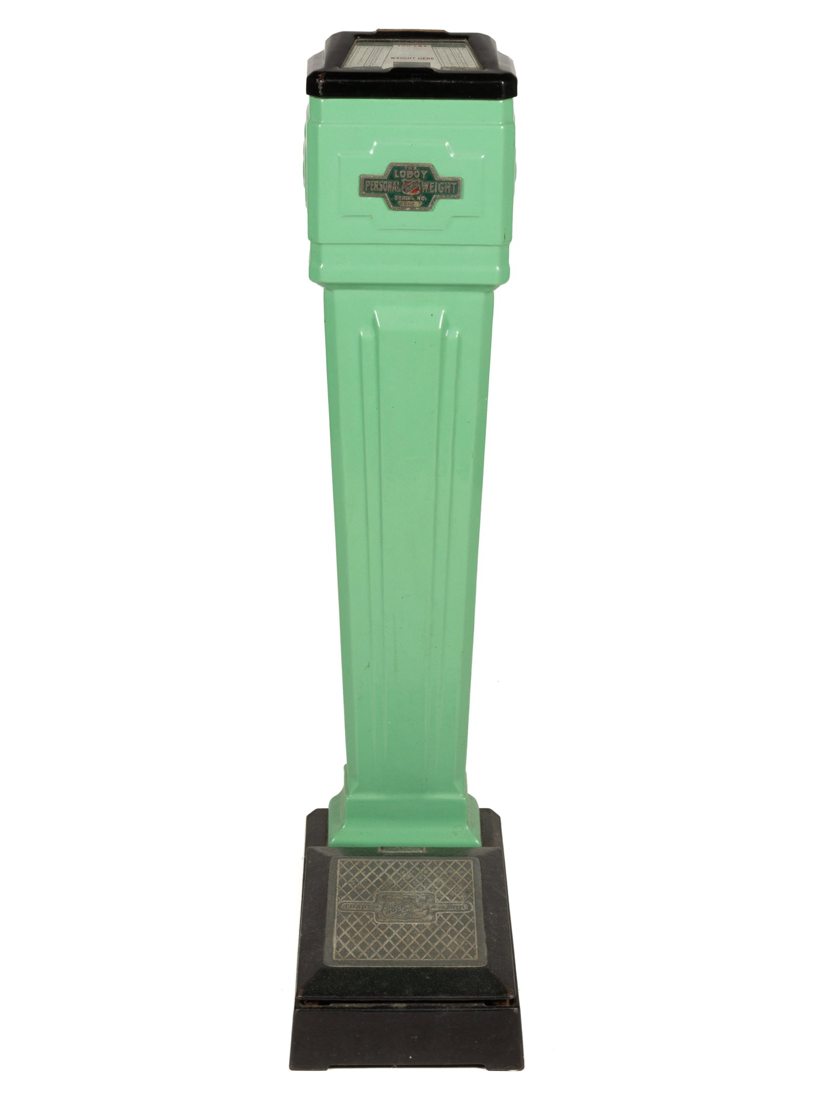 VINTAGE ART DECO LOBOY PORCELAIN PENNY SCALE: VINTAGE ART DECO LOBOY PORCELAIN PENNY SCALE, serial number 11006 with green and black color scheme, step plate marked for Rock-Ola Manufacturing Co. of Chicago. Circa 1920. 42 1/2" HOA, 19"