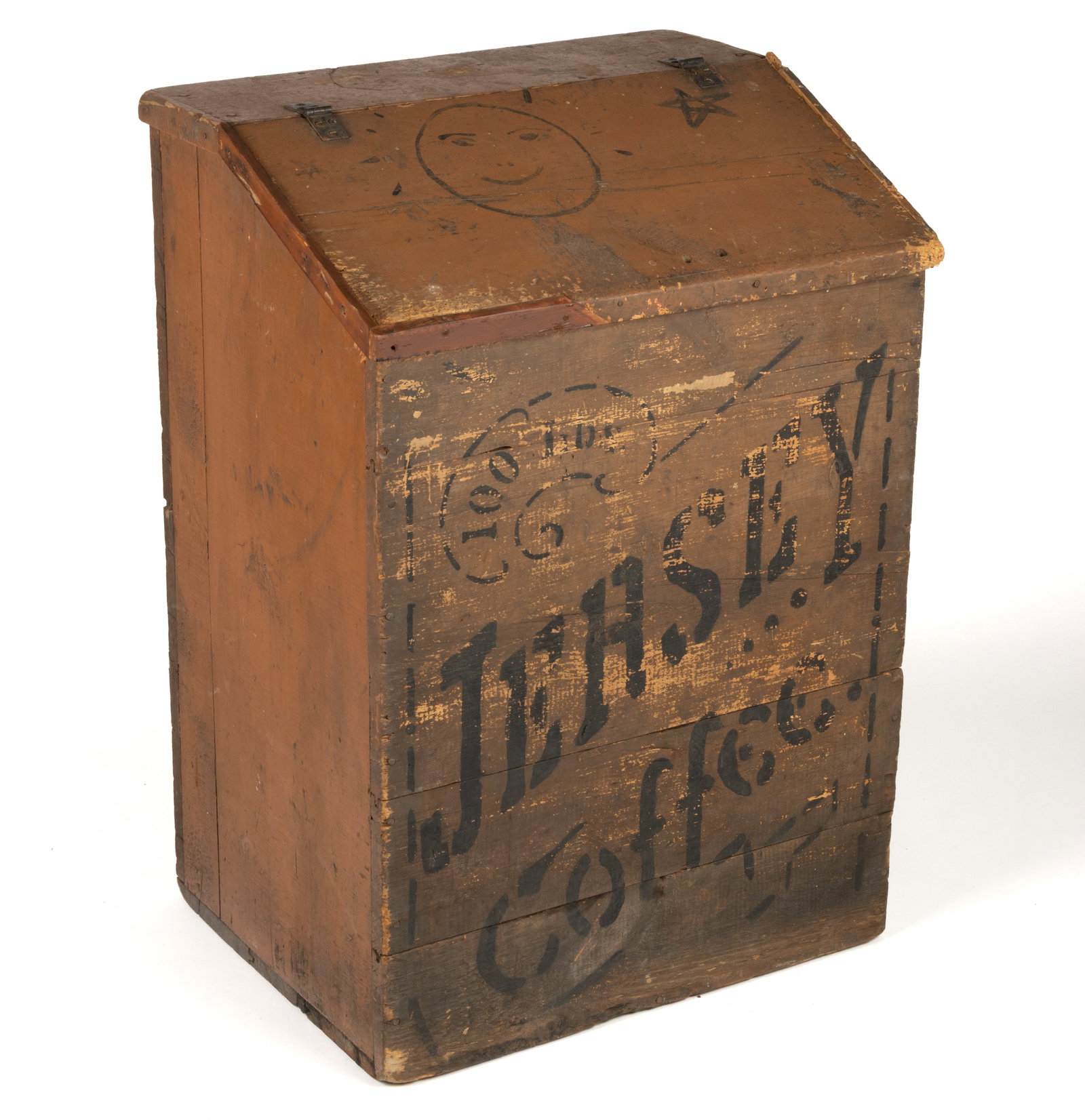 PAINTED WOODEN JERSEY COFFEE STORE BIN: PAINTED WOODEN JERSEY COFFEE STORE BIN, typical hinged slant-lid form, stenciled mark to reverse "PHOTO-VIEW CARDS / S & J / POMEROY / OHIO", retaining possibly original salmon-painted s
