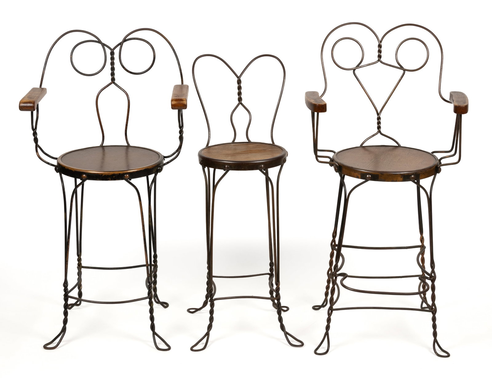 ANTIQUE IRON AND WOOD ICE CREAM PARLOR STOOLS, LOT OF THREE (1 of 3)