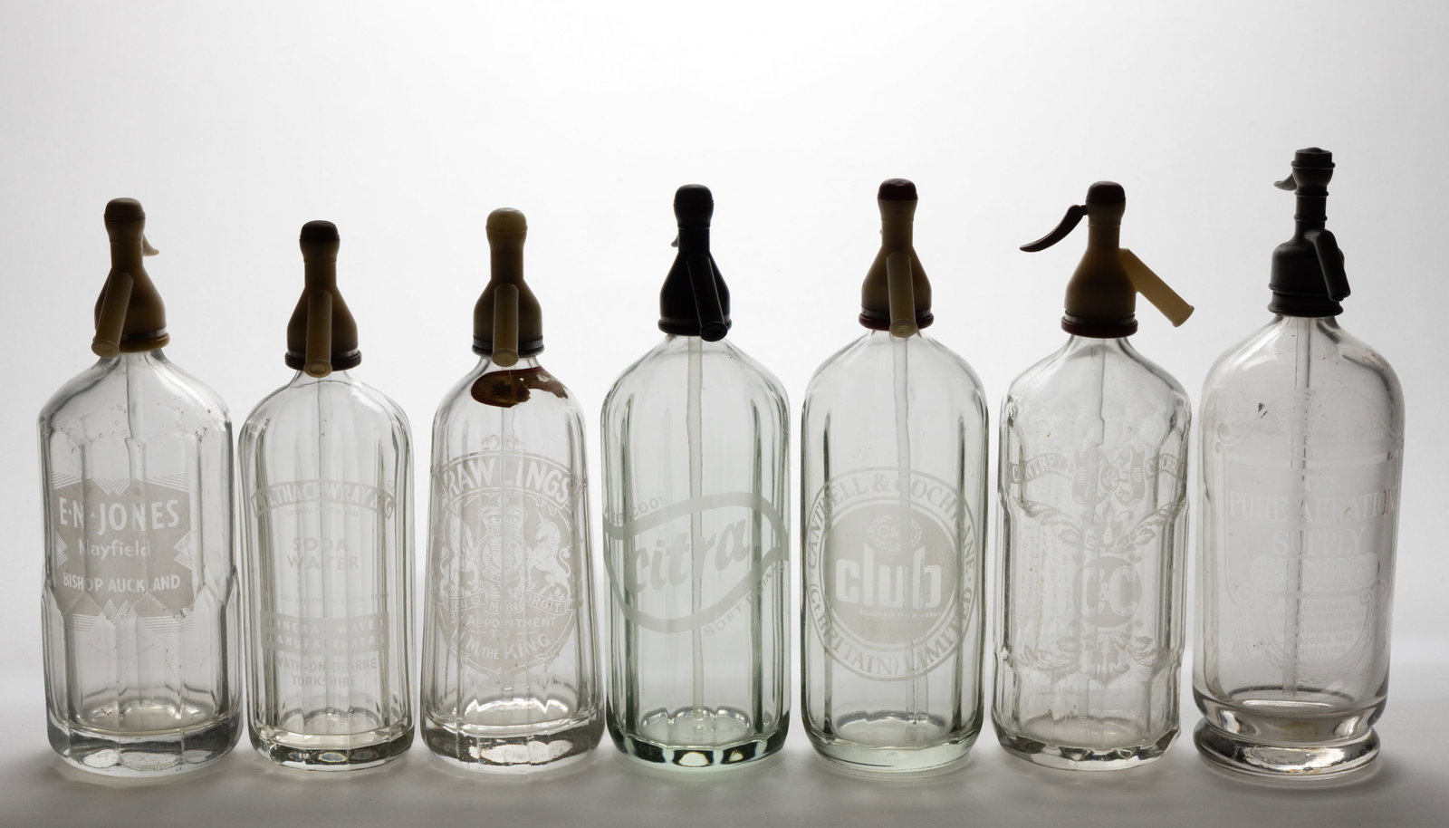 ASSORTED MOSTLY BRITISH BACK BAR SELTZER BOTTLES, LOT OF SEVEN (1 of 2)