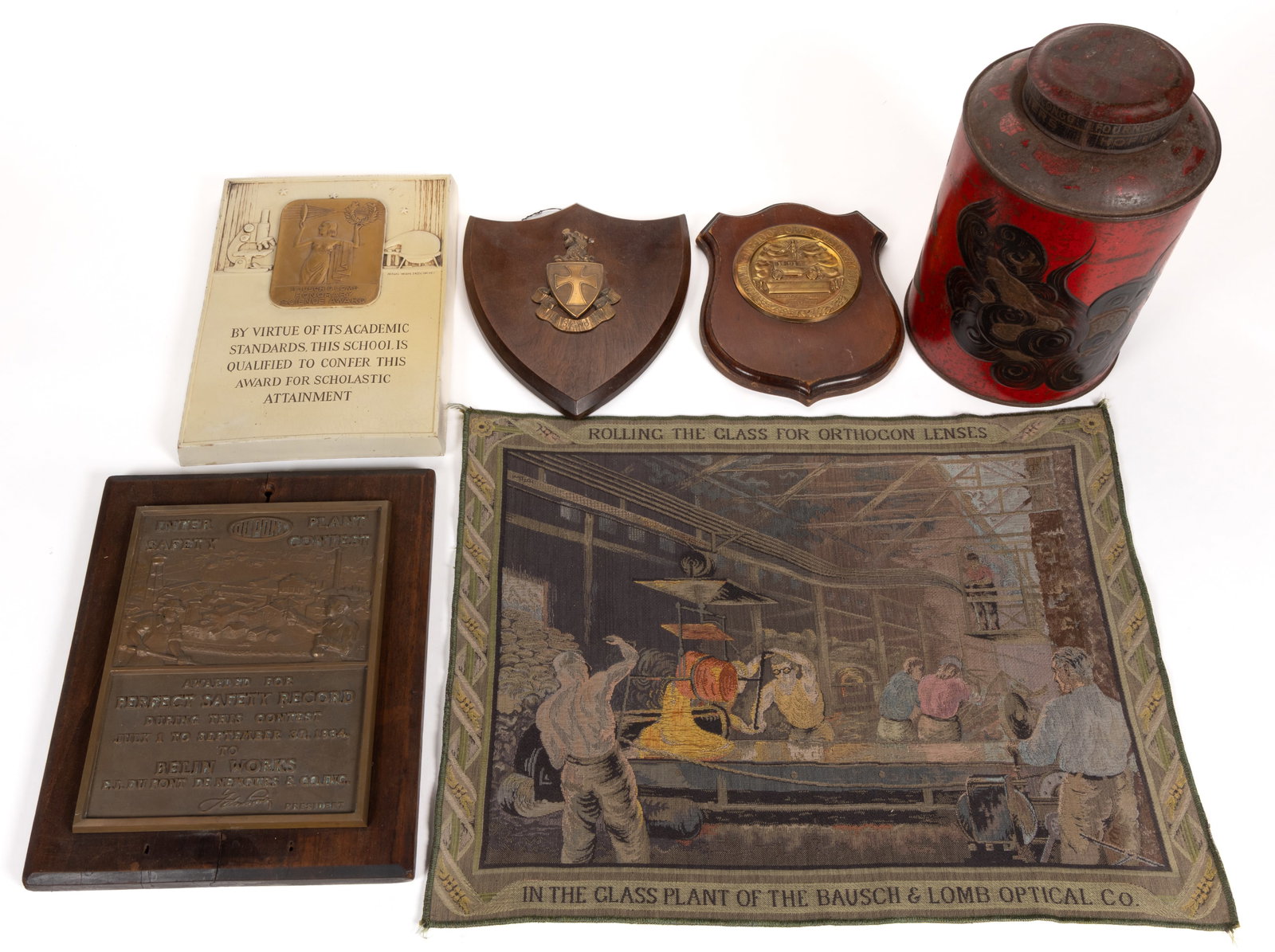 ASSORTED ADVERTISING / ACADEMIC PLAQUES AND ADVERTISING ARTICLES, LOT OF SIX: ASSORTED ADVERTISING / ACADEMIC PLAQUES AND ADVERTISING ARTICLES, LOT OF SIX, including plaques from Chevrolet, Dupont, and others; a Cuperus & Fils of Anvers lithographed tea advertising canister