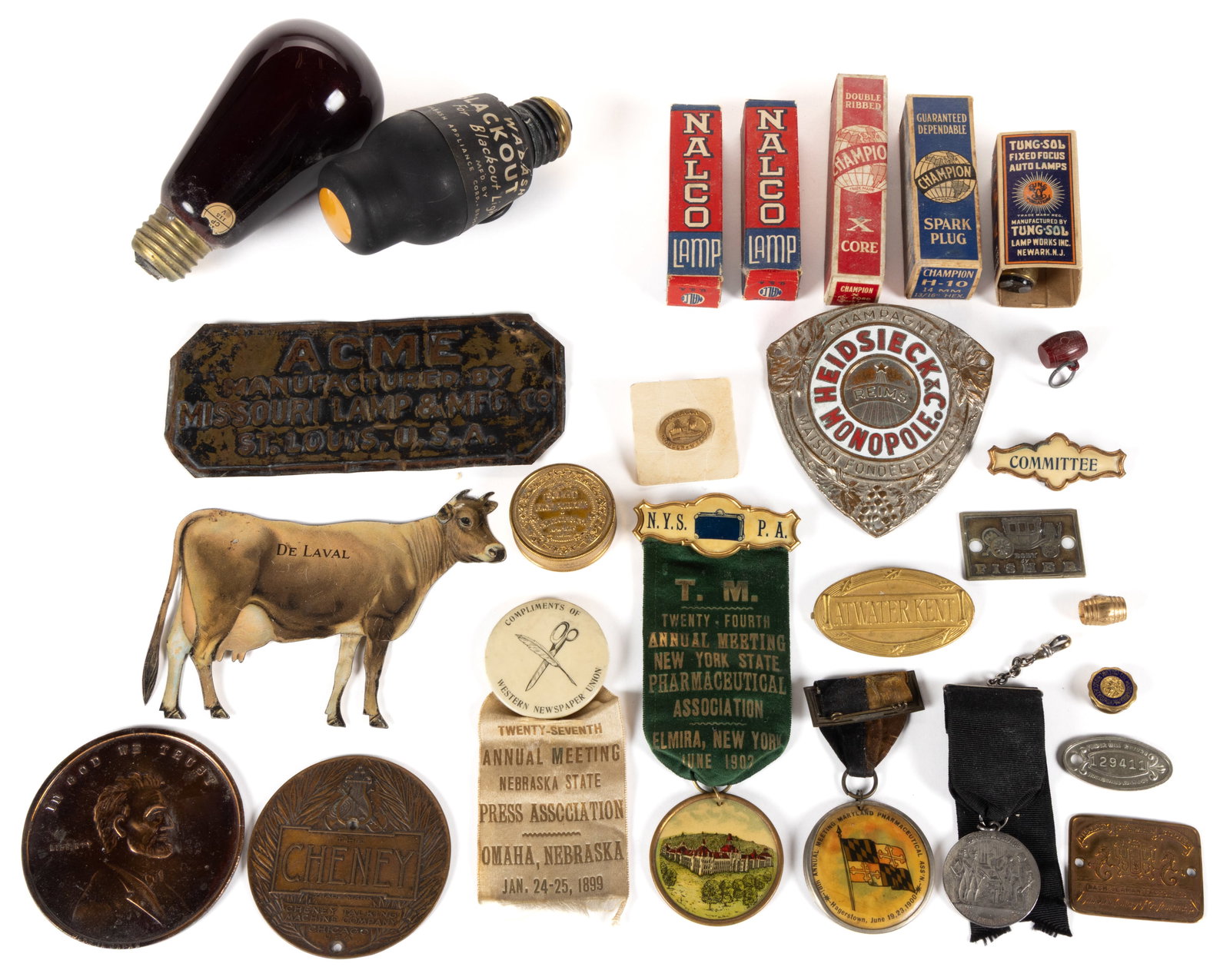 ASSORTED ADVERTISING MEDALS / PINS AND RELATED ARTICLES, UNCOUNTED LOT (1 of 1)