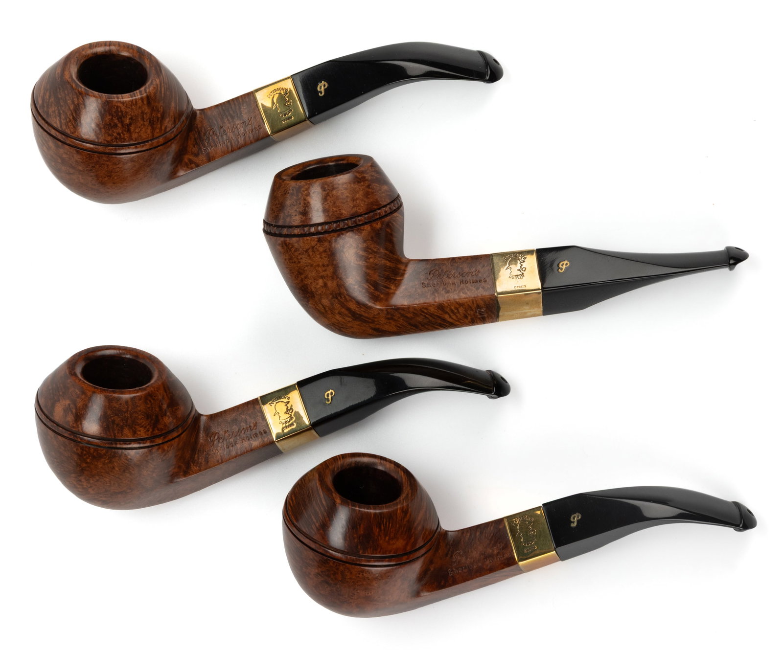 PETERSON PIPES SHERLOCK HOLMES GOLD-MOUNTED PIPES, LOT OF FOUR (1 of 1)