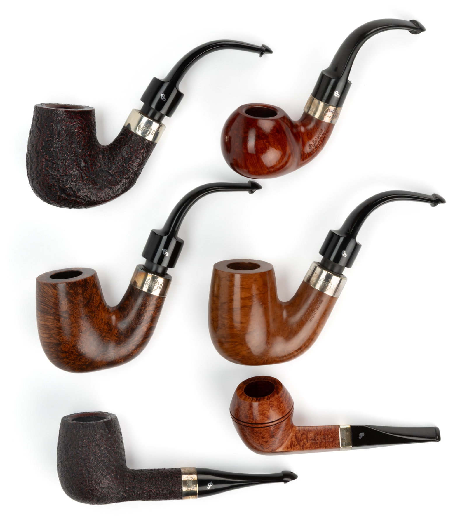 PETERSON PIPES SHERLOCK HOLMES AND OTHER 0.925 / STERLING SILVER-MOUNTED PIPES, LOT OF SIX (1 of 1)