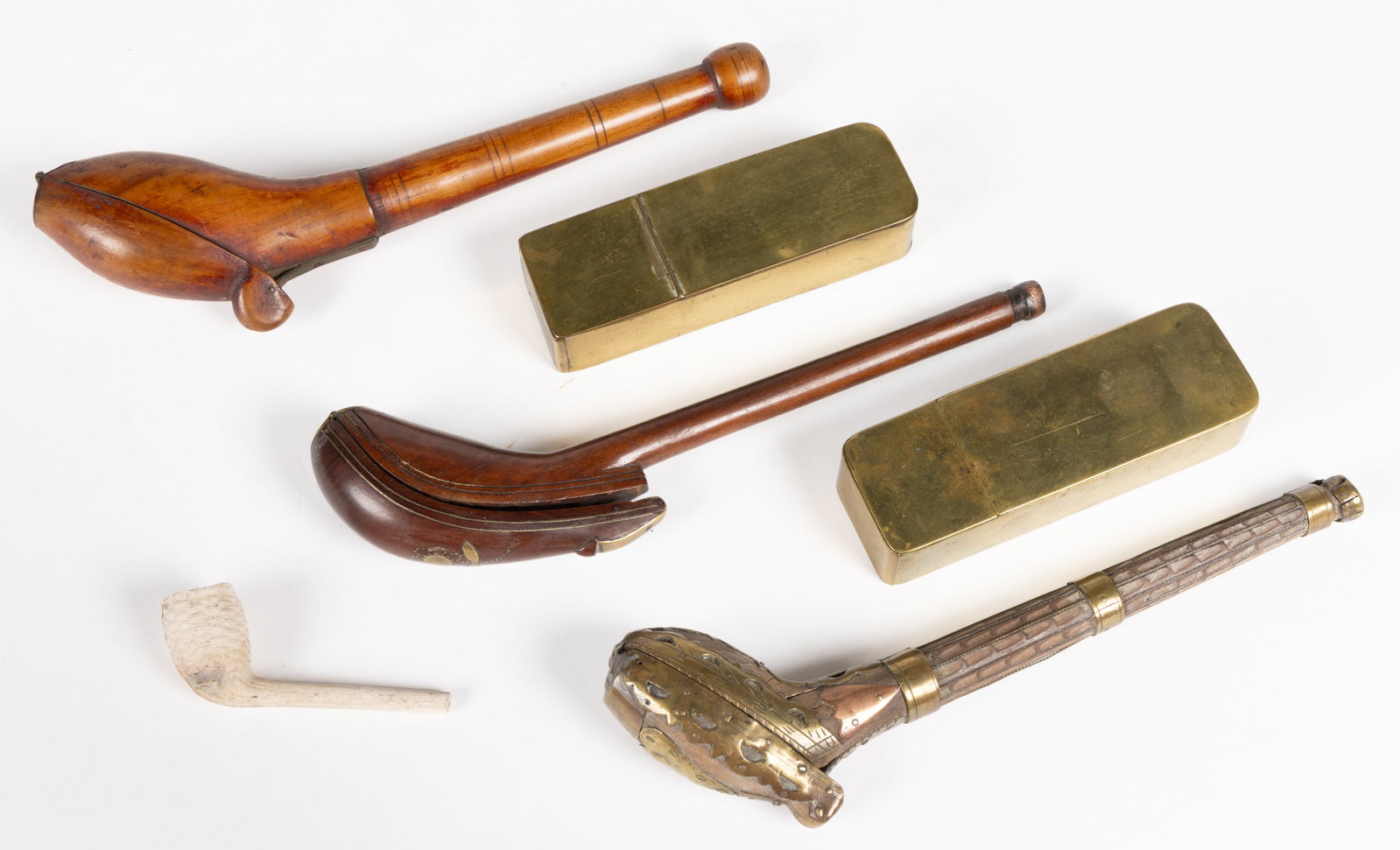 ASSORTED BRASS AND WOOD PIPE CASES AND SMOKING CONTAINERS, LOT OF FIVE (1 of 1)