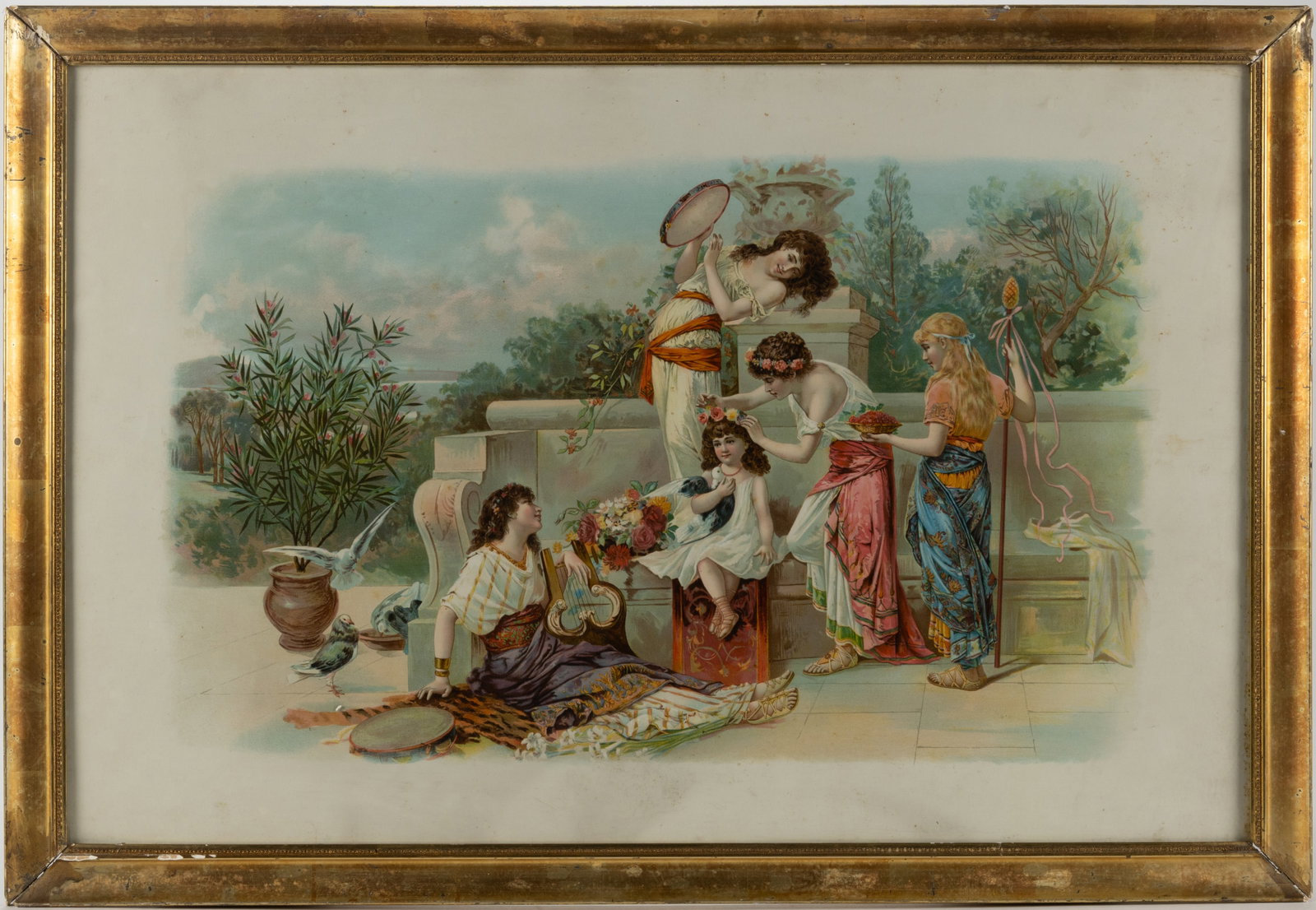 VICTORIAN CIGARBOX LABEL-STYLE LARGE PRINT: VICTORIAN CIGARBOX LABEL-STYLE LARGE PRINT, color lithograph on paper, a classical scene with women playing instruments and presenting flowers and fruit to a young girl holding a dove, no printer'