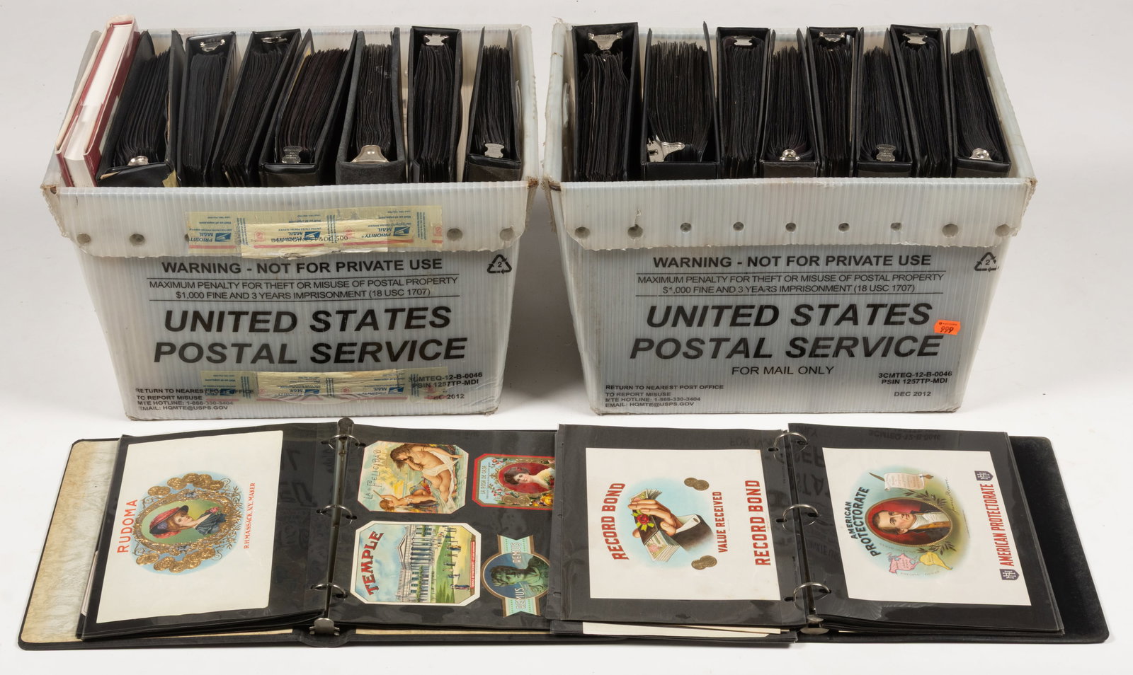 ASSORTED TOBACCO / CIGAR EPHEMERA, UNCOUNTED LOT: ASSORTED TOBACCO / CIGAR EPHEMERA, UNCOUNTED LOT, uncounted labels presented in seventeen albums, most vivid full-color lithograph on paper outer end and inner lid labels, including Old