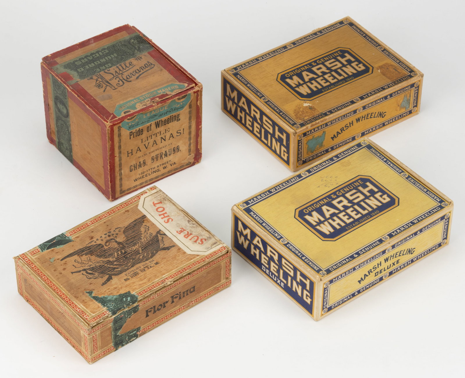 ASSORTED WHEELING, WEST VIRGINIA AND HARRISONBURG, VIRGINIA-RETAILED CIGAR BOXES, LOT OF FOUR (1 of 1)