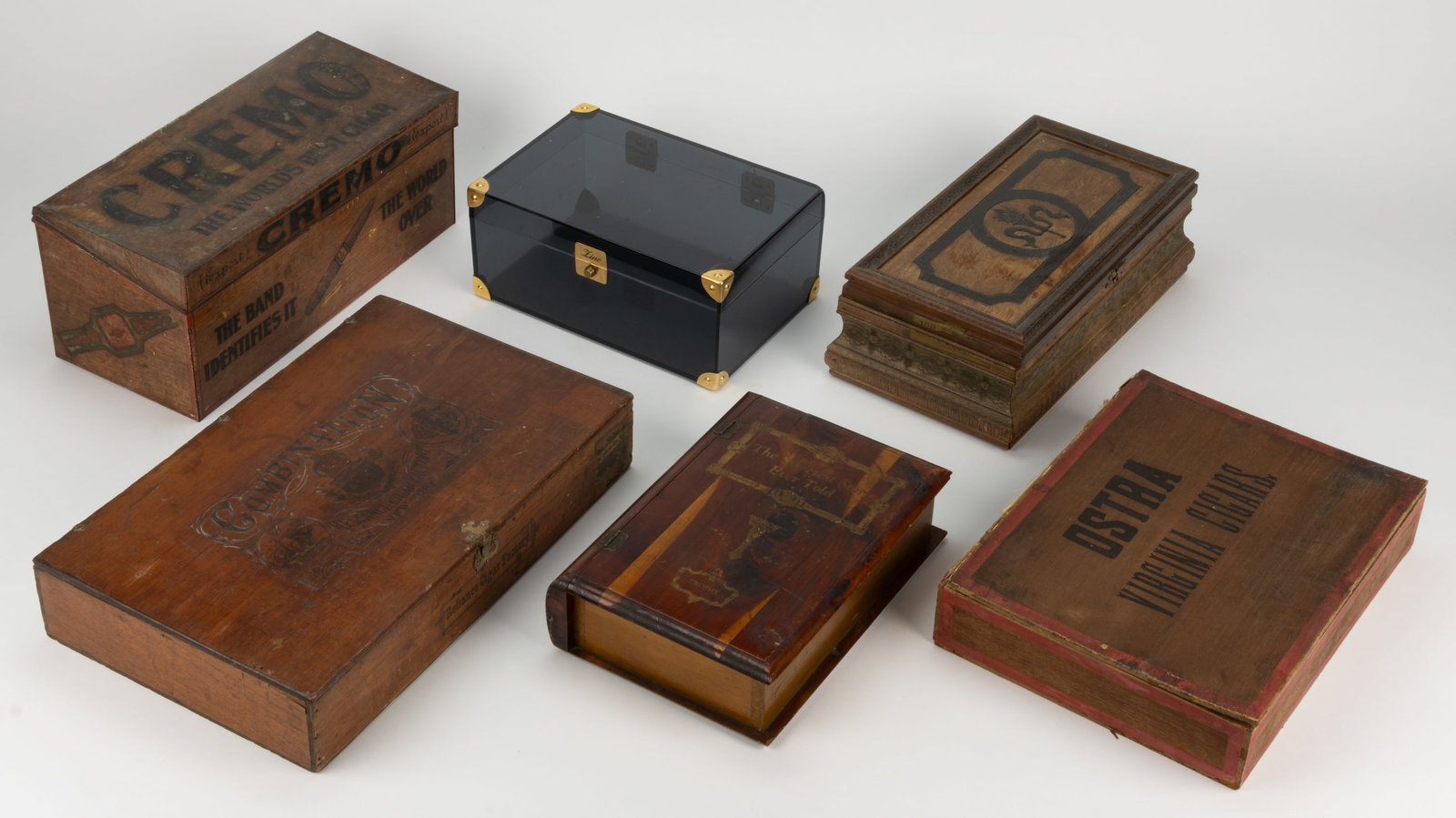 ASSORTED LARGE WOODEN AND TIN TOBACCO / CIGAR BOXES AND ADVERTISING HUMIDORS, LOT OF SIX (1 of 2)