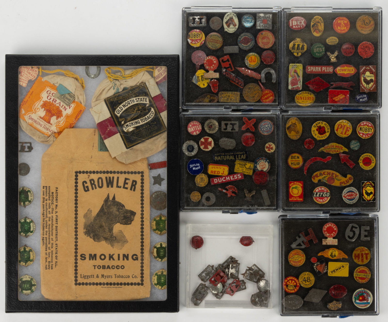 ASSORTED COLLECTION OF TIN TOBACCO TAGS AND BAGS, UNCOUNTED LOT (1 of 1)