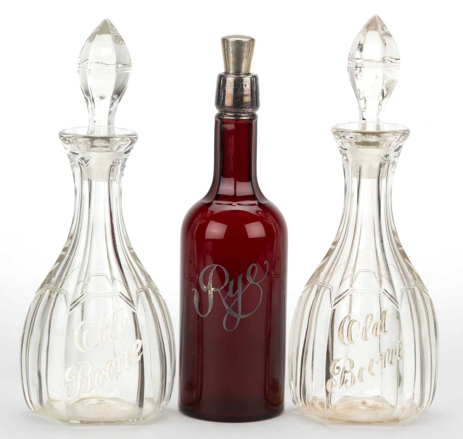 FOSTORIA AND OTHER GLASS BACK-BAR WHISKEY DECANTERS, LOT OF THREE (1 of 1)