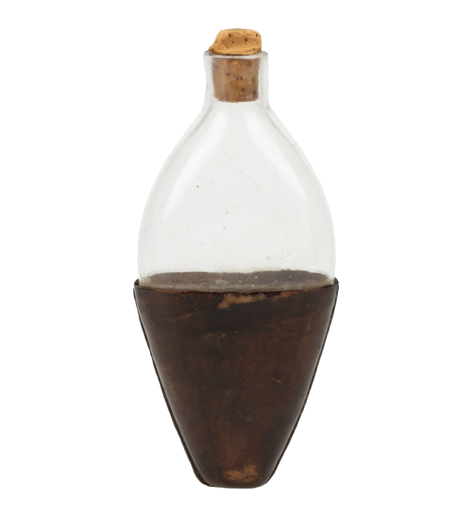 FREE-BLOWN POCKET FLASK WITH ORIGINAL LEATHER COVER: FREE-BLOWN POCKET FLASK WITH ORIGINAL LEATHER COVER, colorless, flattened ovoid form with plain mouth, original stitched leather cover to the lower half. Mid 19th century. 6" H, 2 3/4" W.