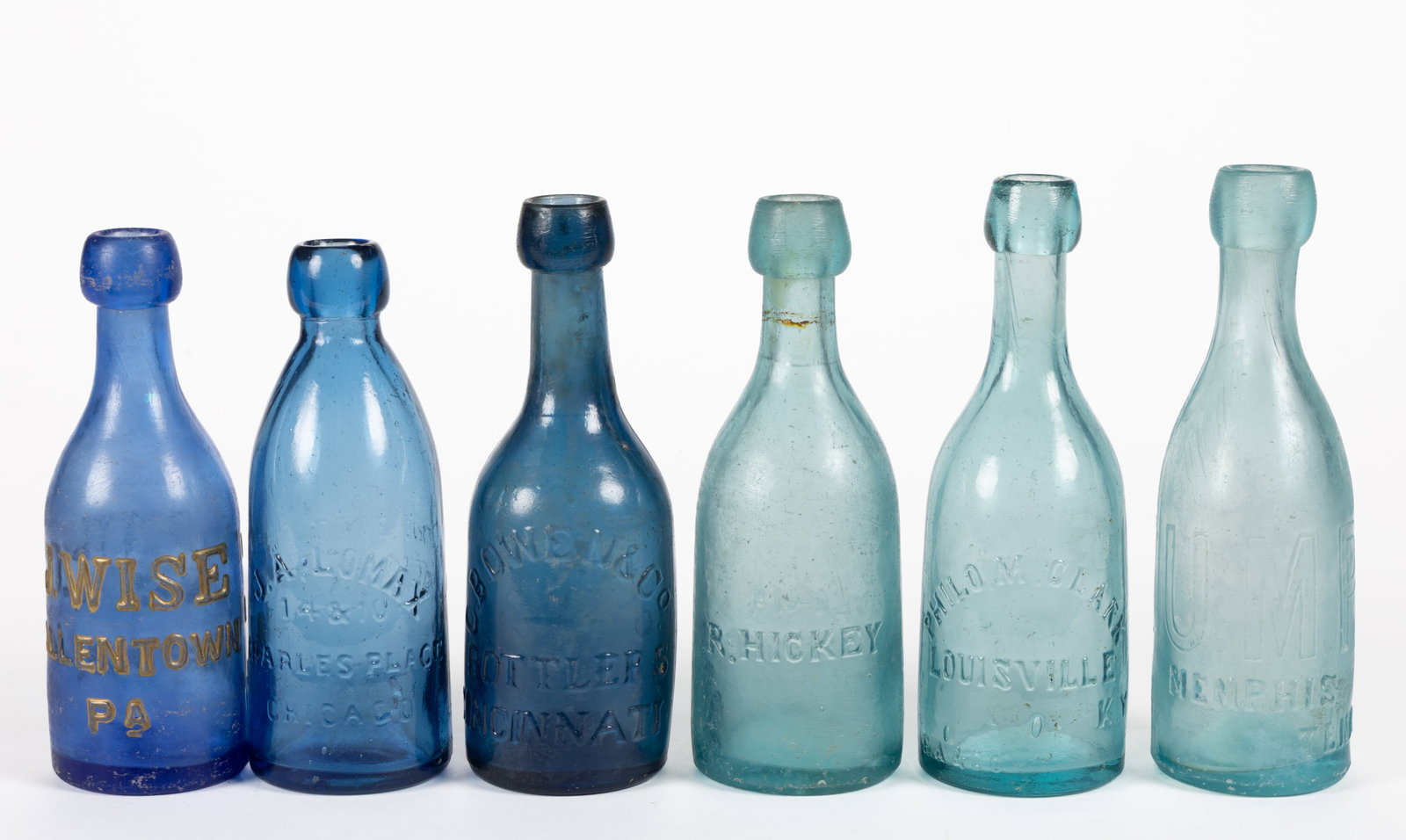 ASSORTED SODA / BEER BOTTLES, LOT OF SIX: ASSORTED SODA / BEER BOTTLES, LOT OF SIX, aquamarine and cobalt "pony" bottles, including one embossed "J. WISE / ALLENTOWN" front, and "THIS BOTTLE