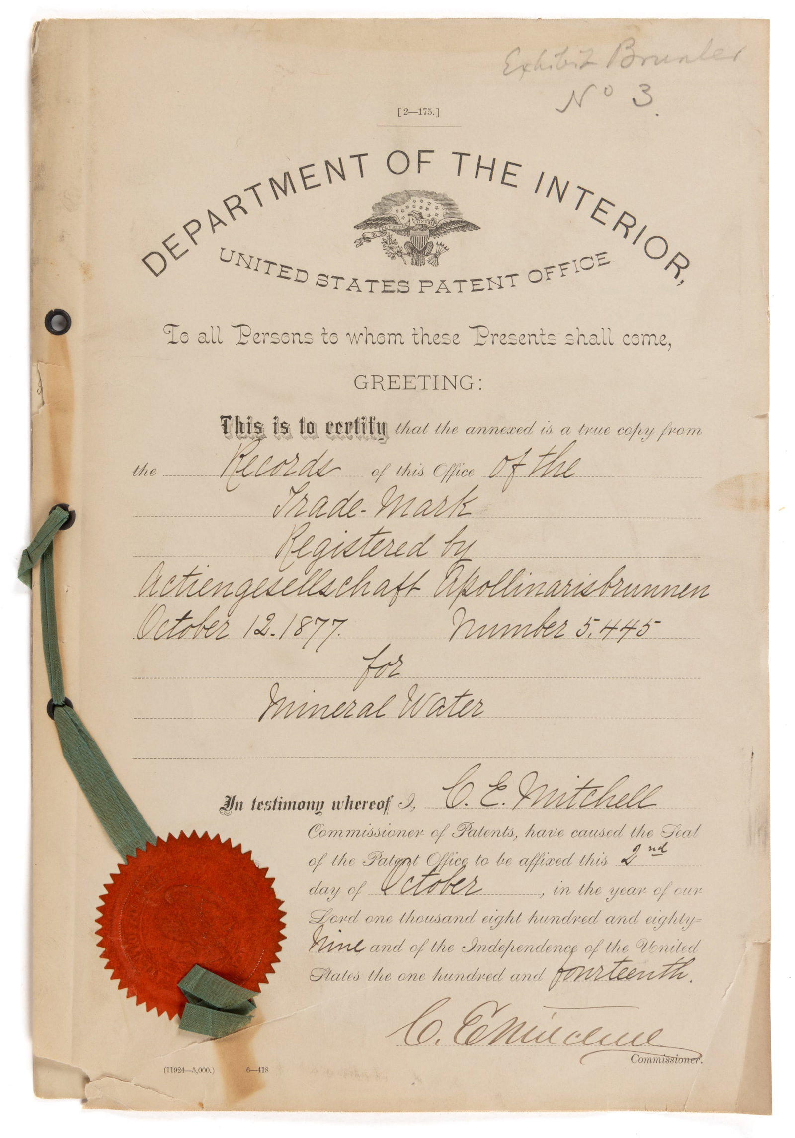 MINERAL WATER TRADE-MARK UNITED STATES PATENT DOCUMENT (1 of 2)
