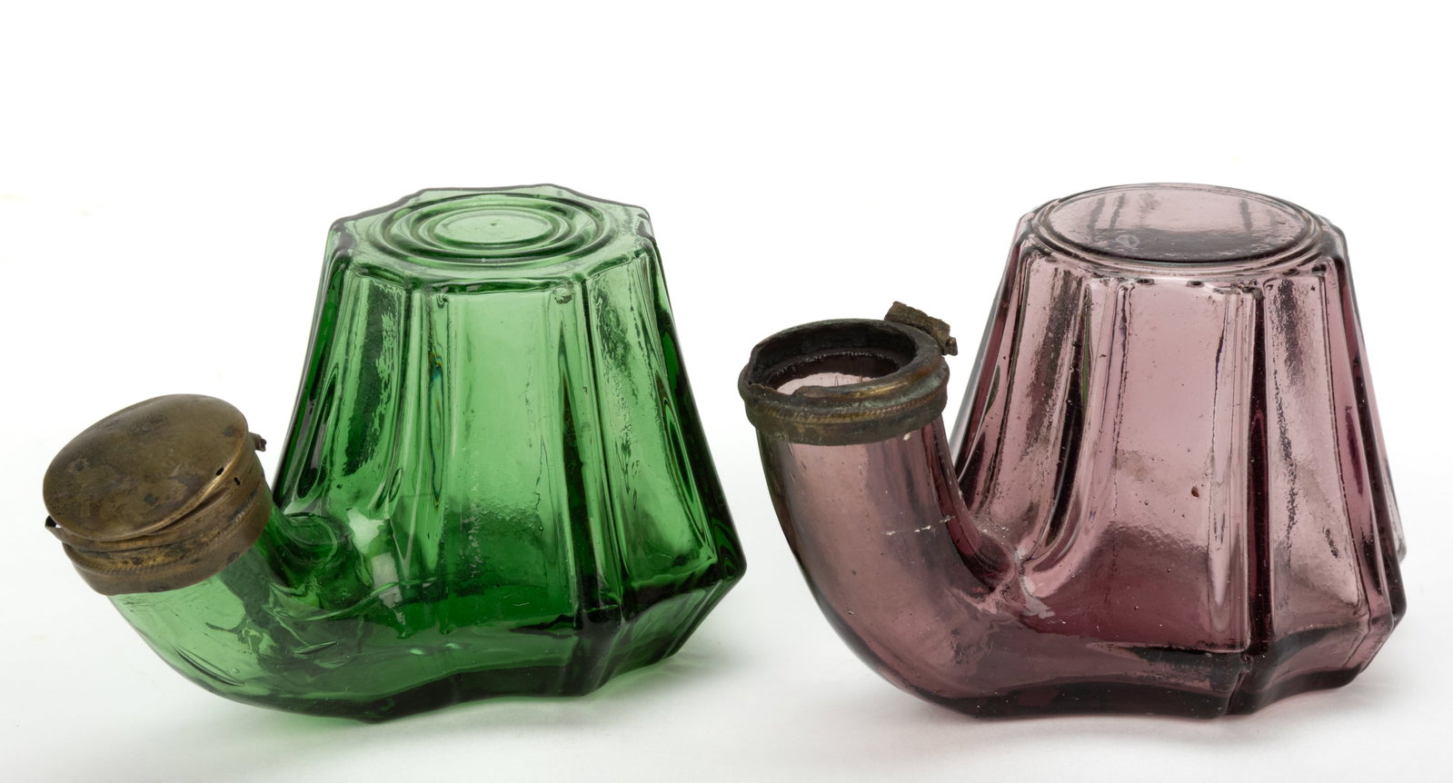 BLOWN-MOLDED FOUNTAIN / TEAKETTLE-STYLE INKWELLS, LOT OF TWO: BLOWN-MOLDED FOUNTAIN / TEAKETTLE-STYLE INKWELLS, LOT OF TWO, medium green and amethyst, each octagonal form with concave panels divided by narrow rounded ribs, green example with concentric rings to 