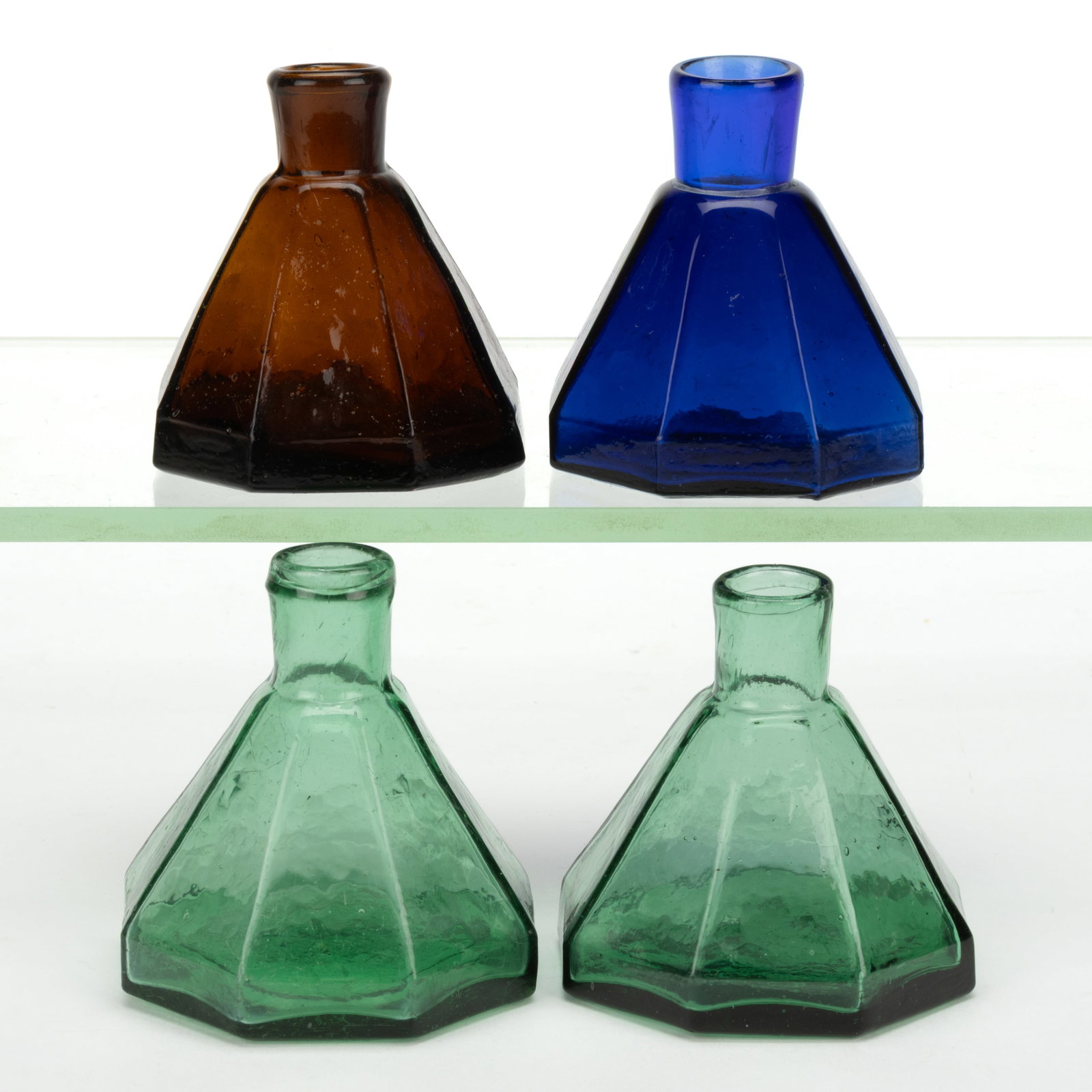 ASSORTED CONICAL PANELLED UMBRELLA INKWELLS / BOTTLES, LOT OF FOUR (1 of 1)