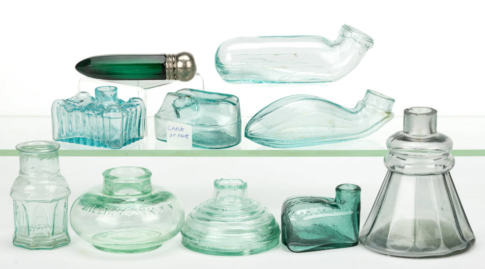 ASSORTED INKWELLS / BOTTLES AND A PUNGENT BOTTLE, LOT OF TEN (1 of 1)