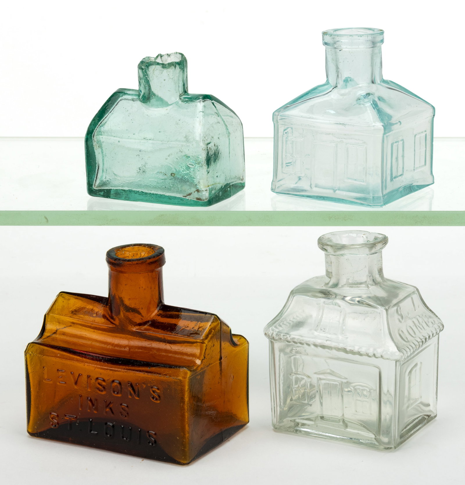 COTTAGE / HOUSE FIGURAL INKWELLS / BOTTLES, LOT OF FOUR (1 of 1)