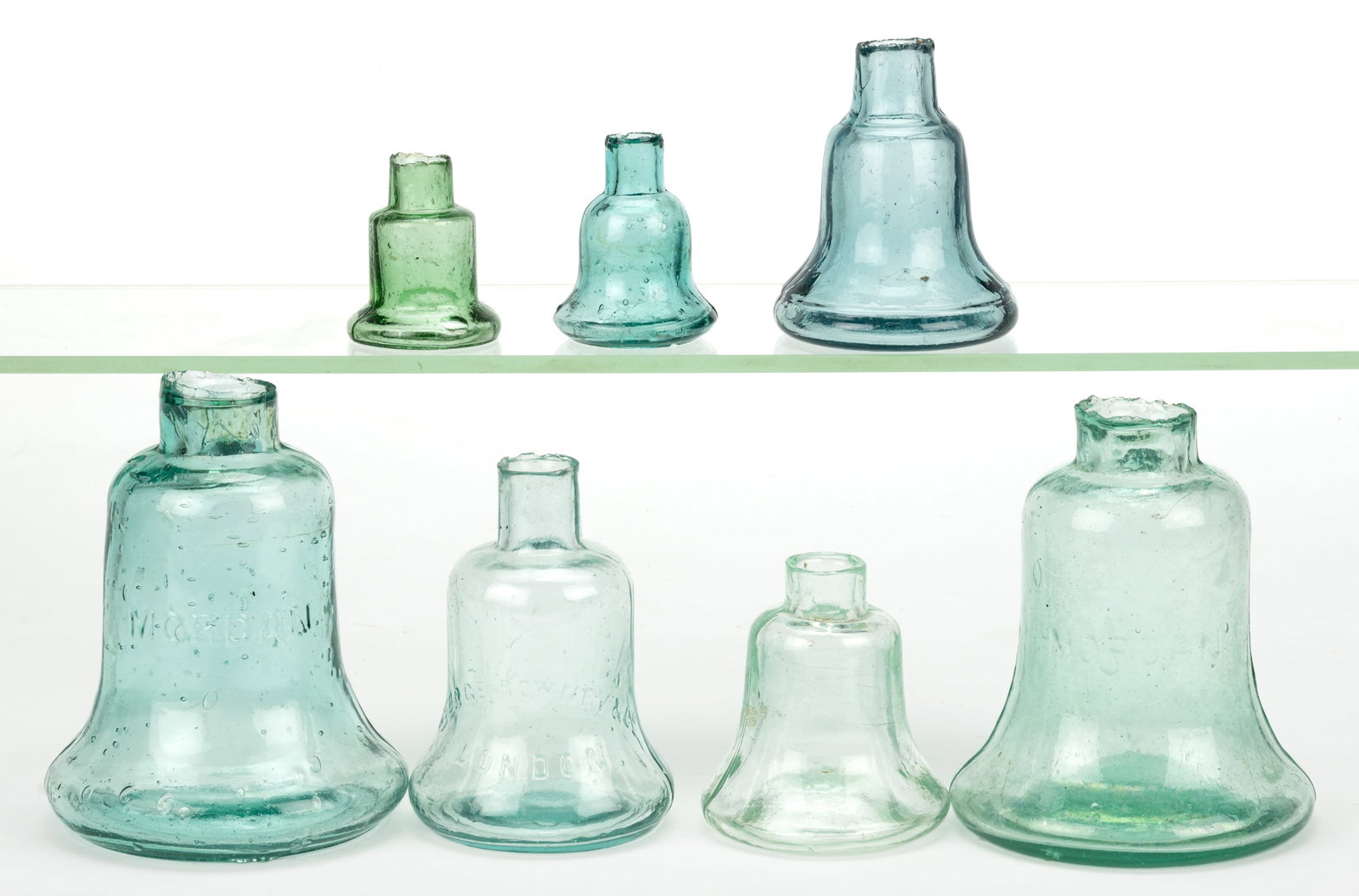 ASSORTED BELL-FORM INK / MUCILAGE BOTTLES / WELLS, LOT OF SEVEN (1 of 1)