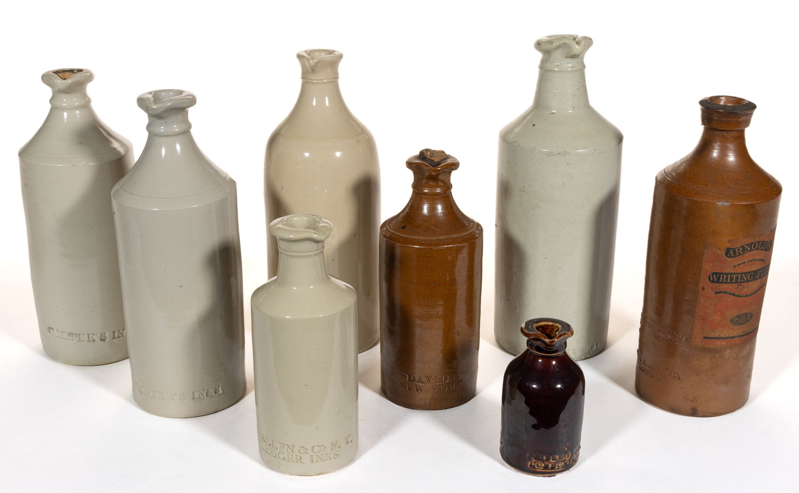ASSORTED STAMPED STONEWARE INK BOTTLES, LOT OF EIGHT (1 of 1)